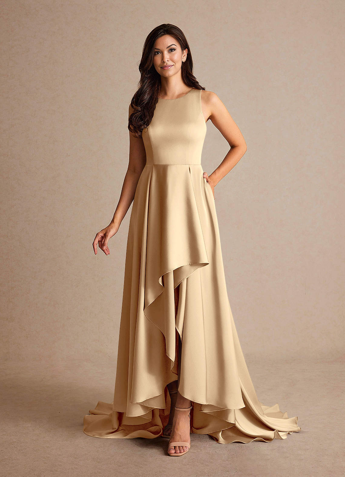 high low champagne dress V-Neck High-Low Chiffon Bridesmaid Dress in Champagne, Champagne / Custom Size( Free )