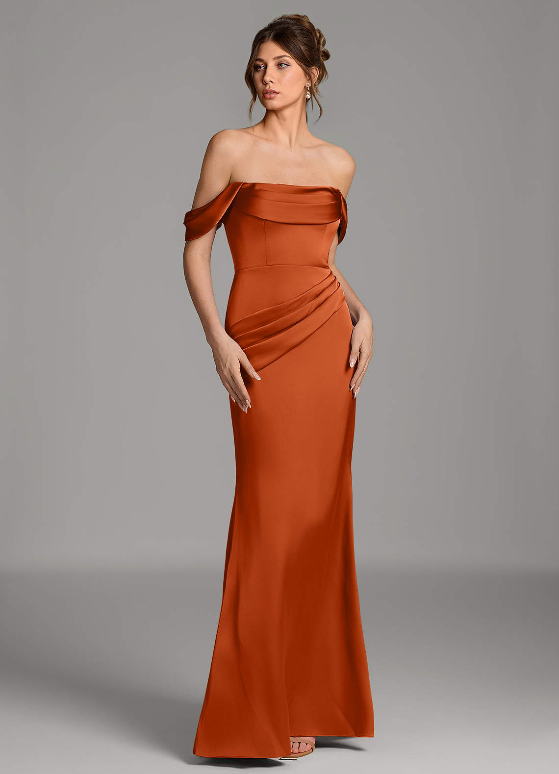 orange and gray bridesmaid dresses Azazie Alanis featuring an asymmetrical ruffle
