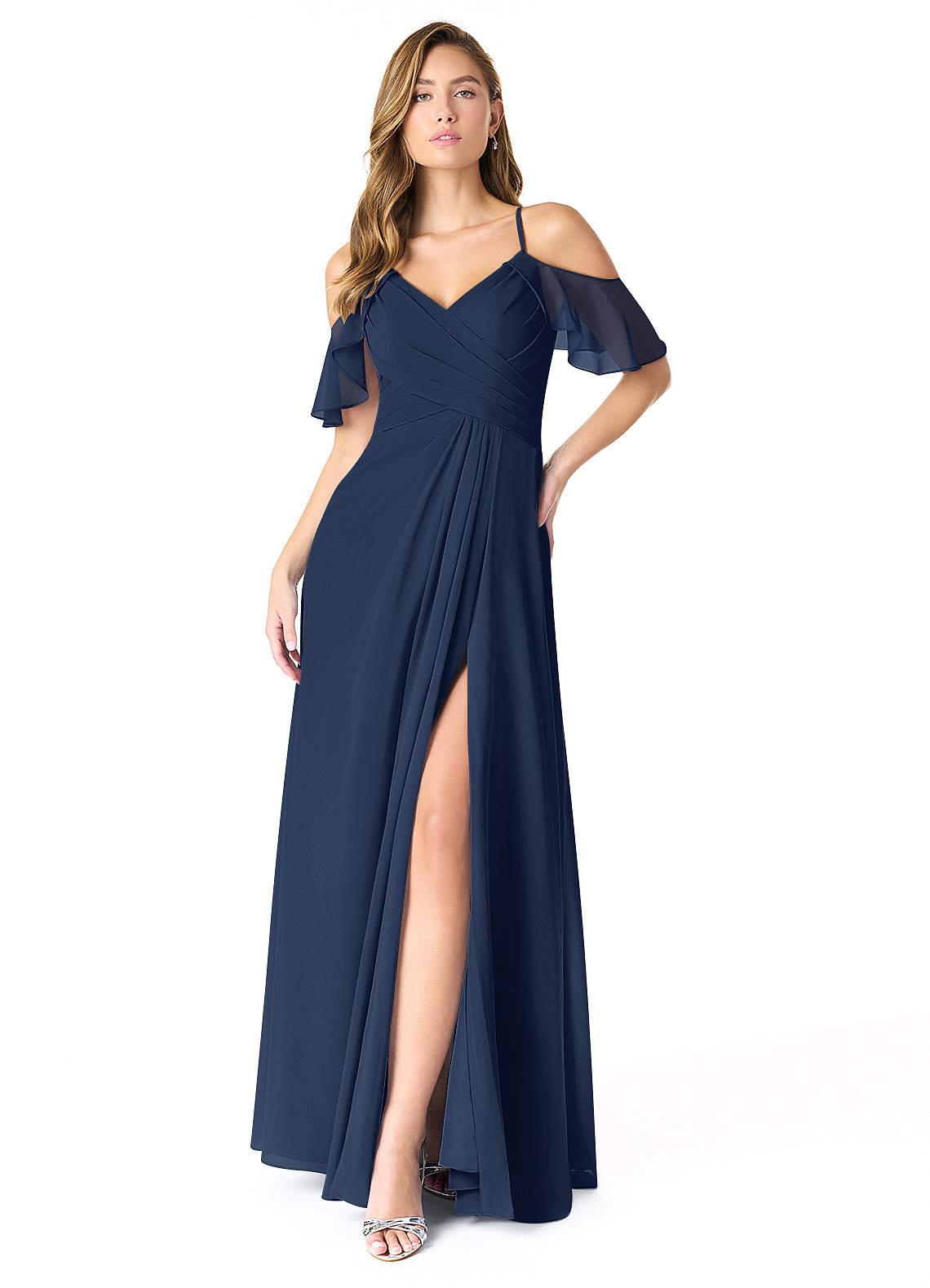 Azazie Dakota Bridesmaid Dresses Dark Navy A-Line V-Neck Pleated Chiffon Dress image1