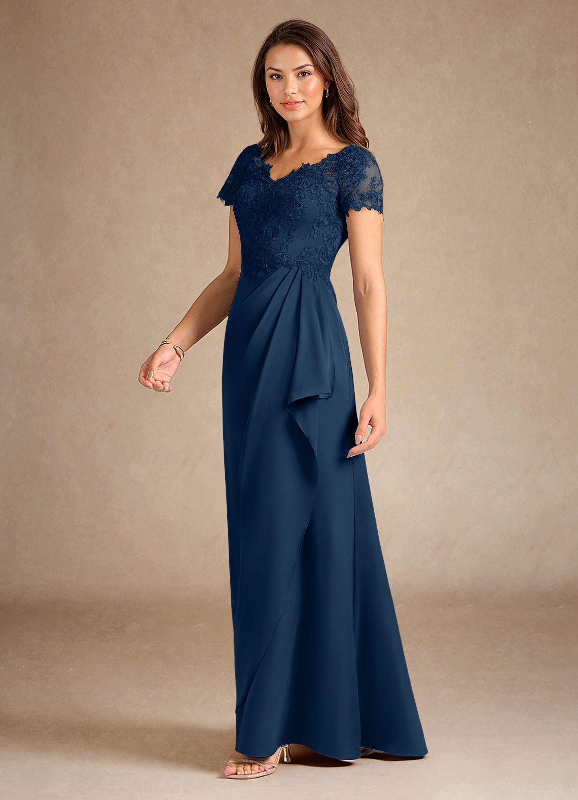 Azazie Santa Ana Dark Navy A-Line Lace Stretch Satin Dress Ready