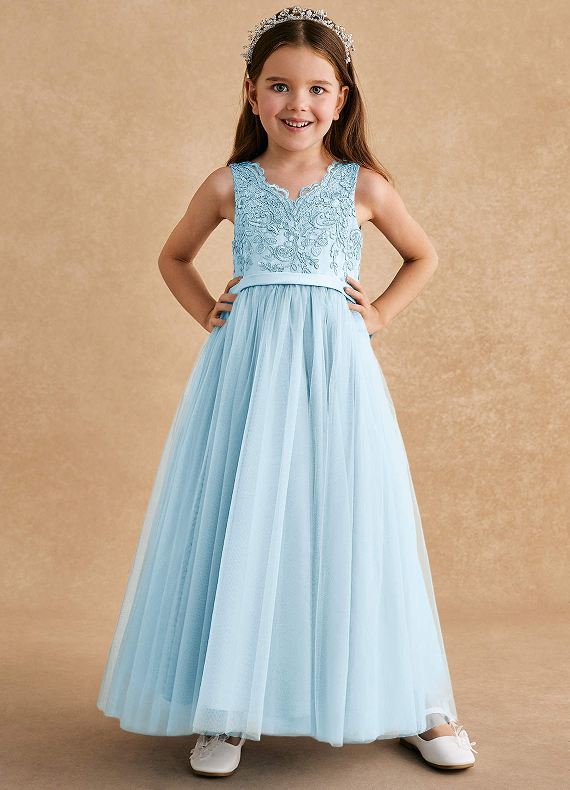 Azazie Cinna Flower Girl Dresses Sky Blue A-Line Lace Tulle Dress image1