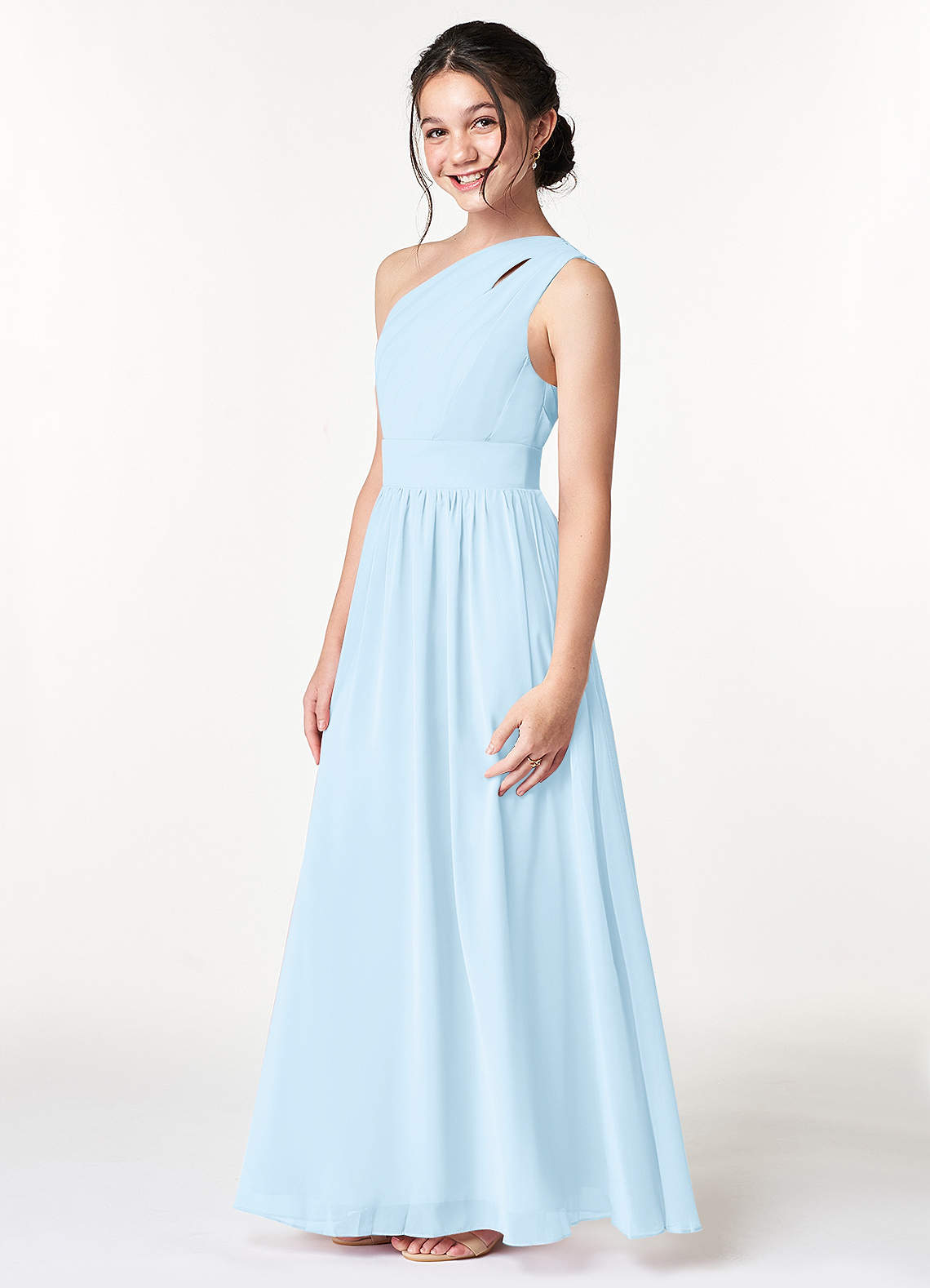 Azazie Molly Junior Vestido Céu Azul de Chiffon de Linha A com Plissado image4