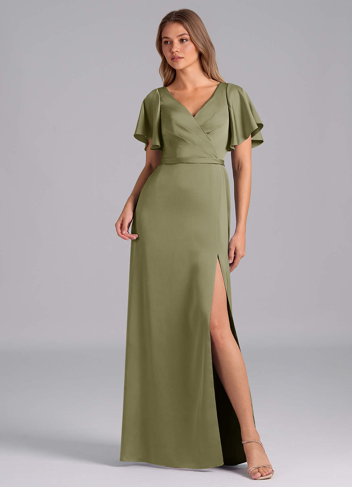 Azazie Ambrosia Robes de demoiselle d'honneur Robe Trapèze en Satin extensible Plissée Pistache image1