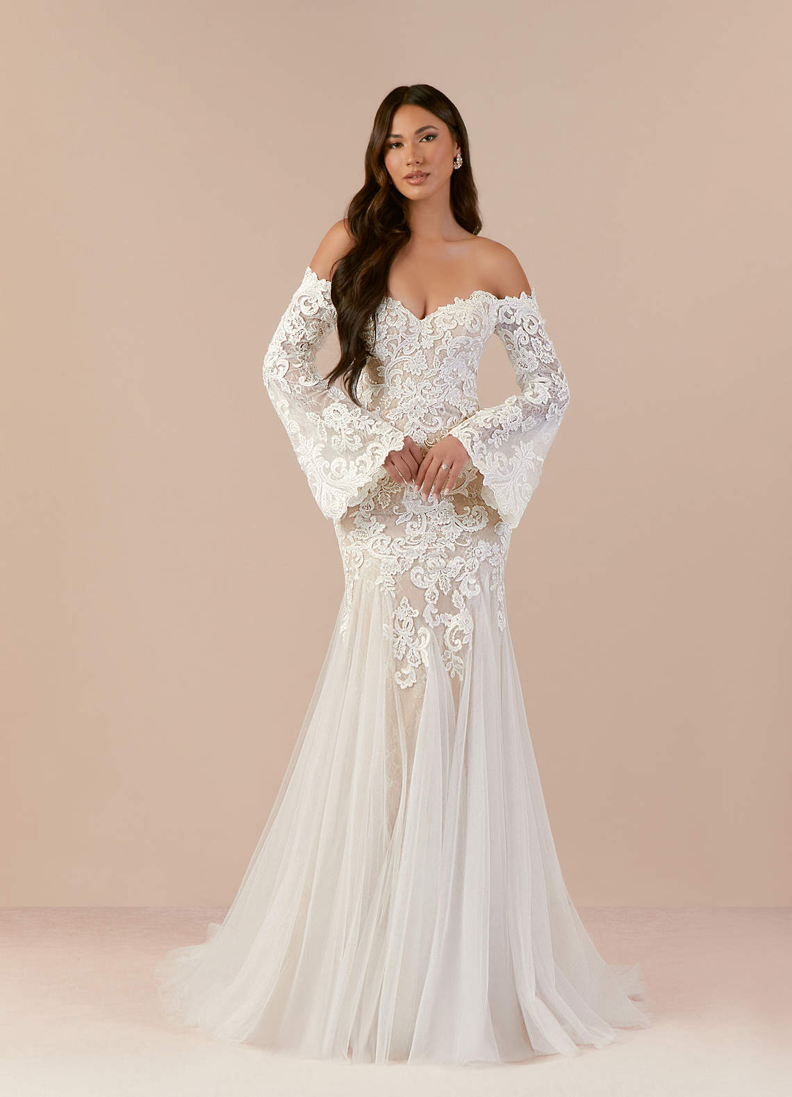 Azazie 2025 Mermaid Fairy Tale Diamond White/Nude Elegant Wedding Dress Lace Chapel Train Lace Off The Shoulder 3D Florals Azazie Arlette Diamond White Nude Mermaid Sweetheart Sequins Tulle Dress |  Azazie