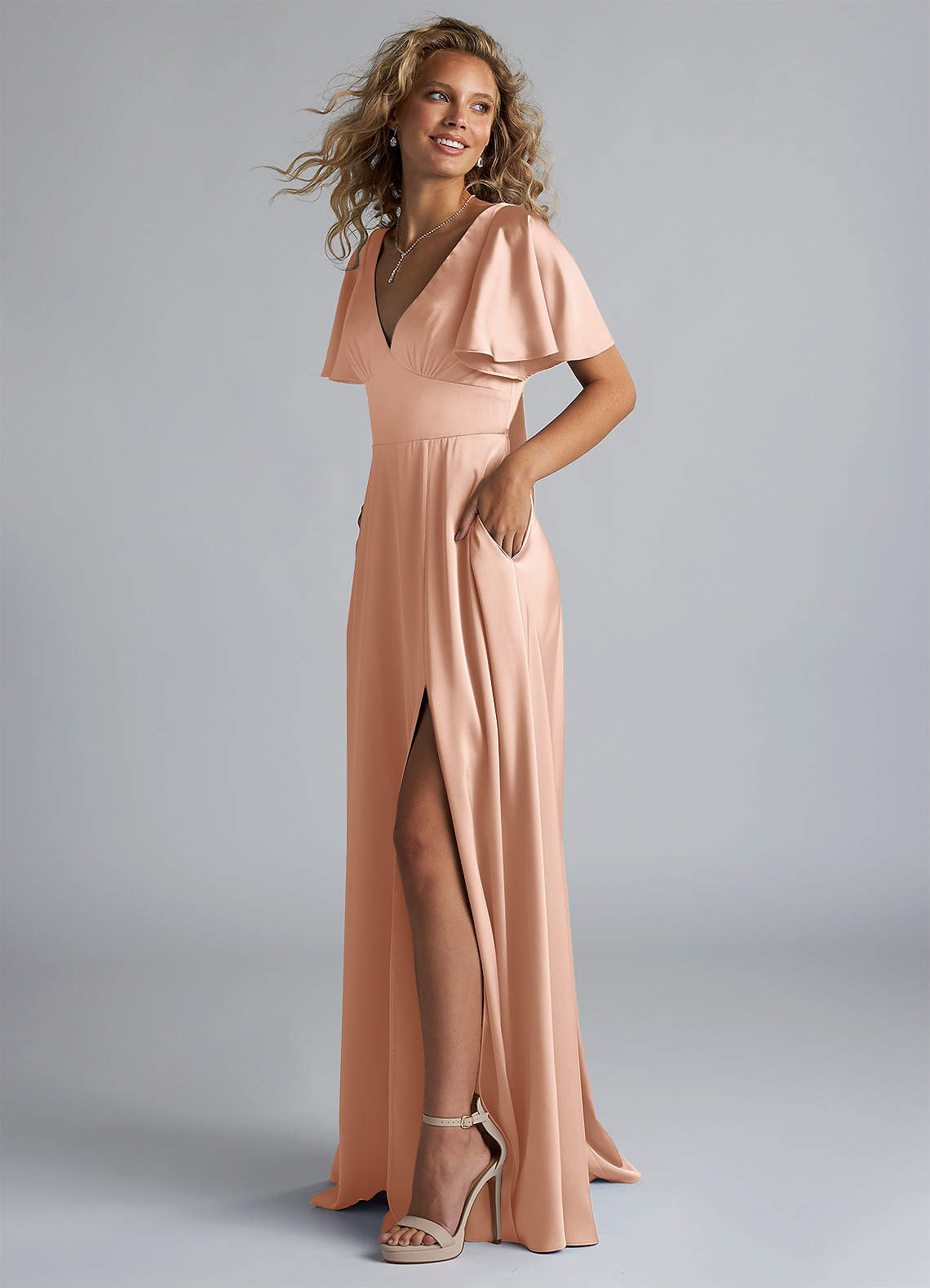 rose gold satin wrap dress Dusty Rose Wrap Satin Dress With Flutter Sleeves