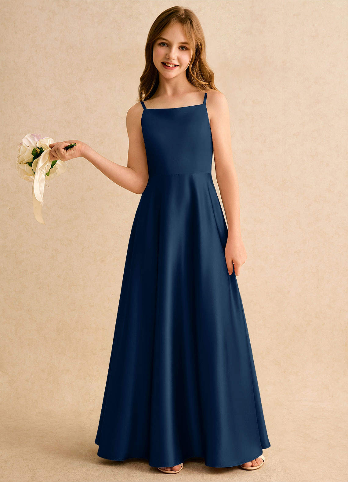 Azazie Joella Girls Formal Flower Girl Dresses Dark Navy A-Line Pleated Stretch Satin Dress image1