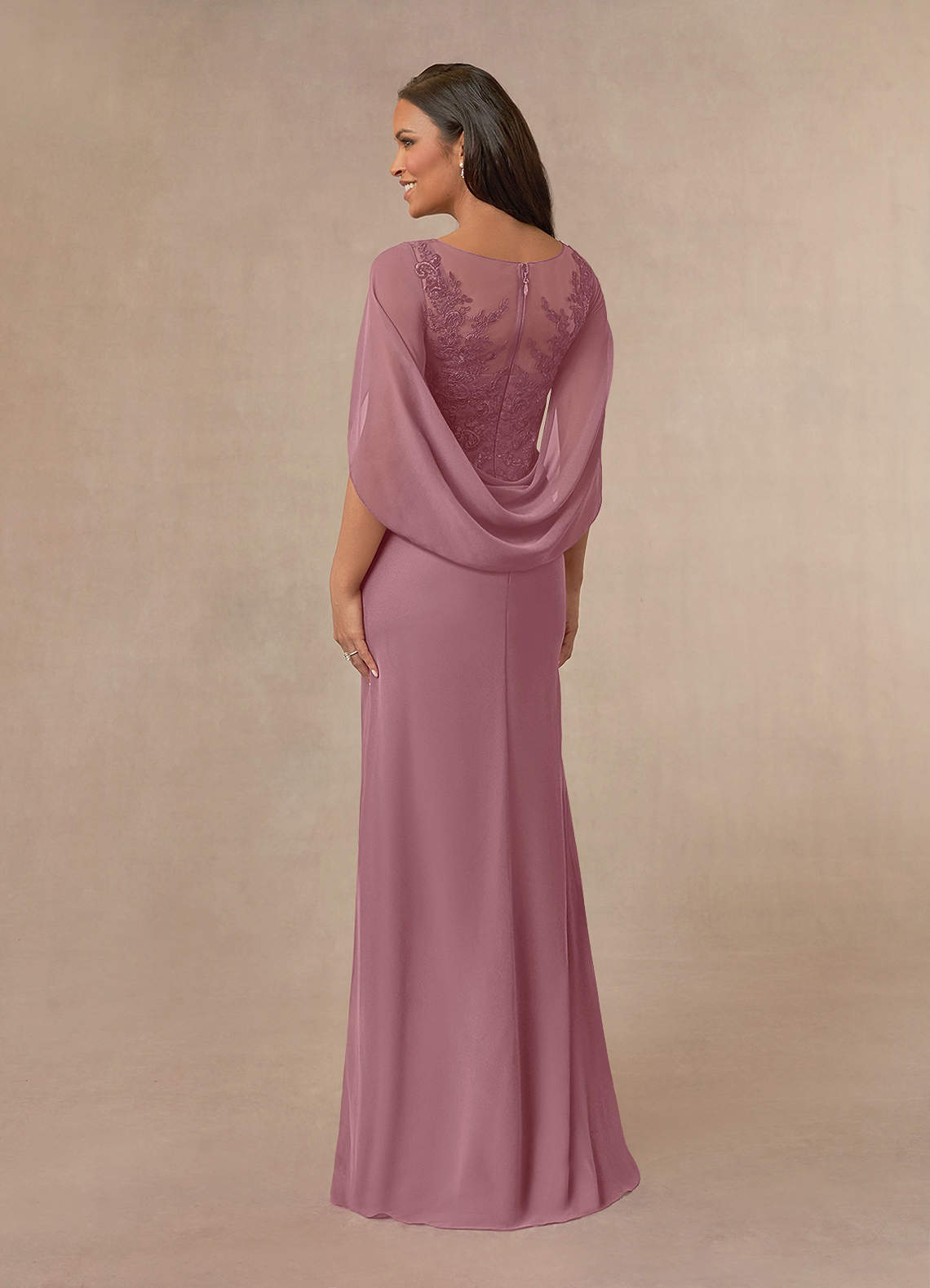 Azazie Hera Vintage Mauve A-Line Lace Capelet Chiffon Dress