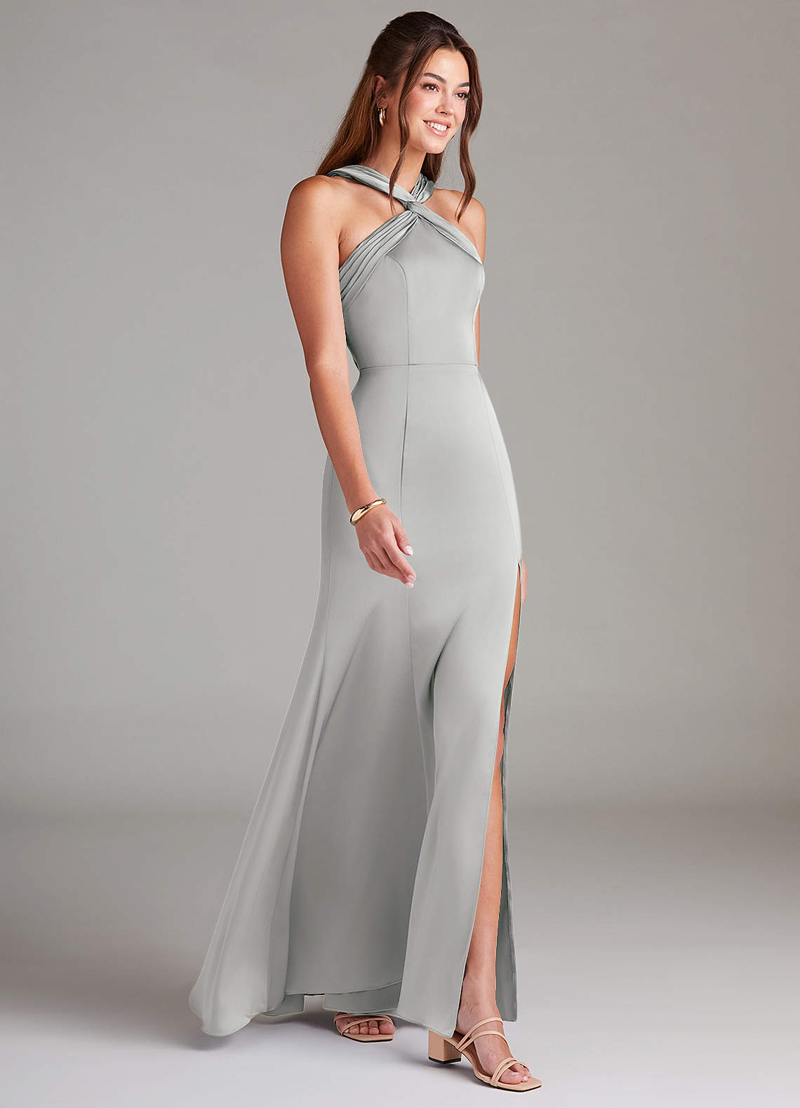 Azazie Rue Vestidos de madrinha de casamento Vestido Prata de Cetim elástico de sereia com Plissado image3