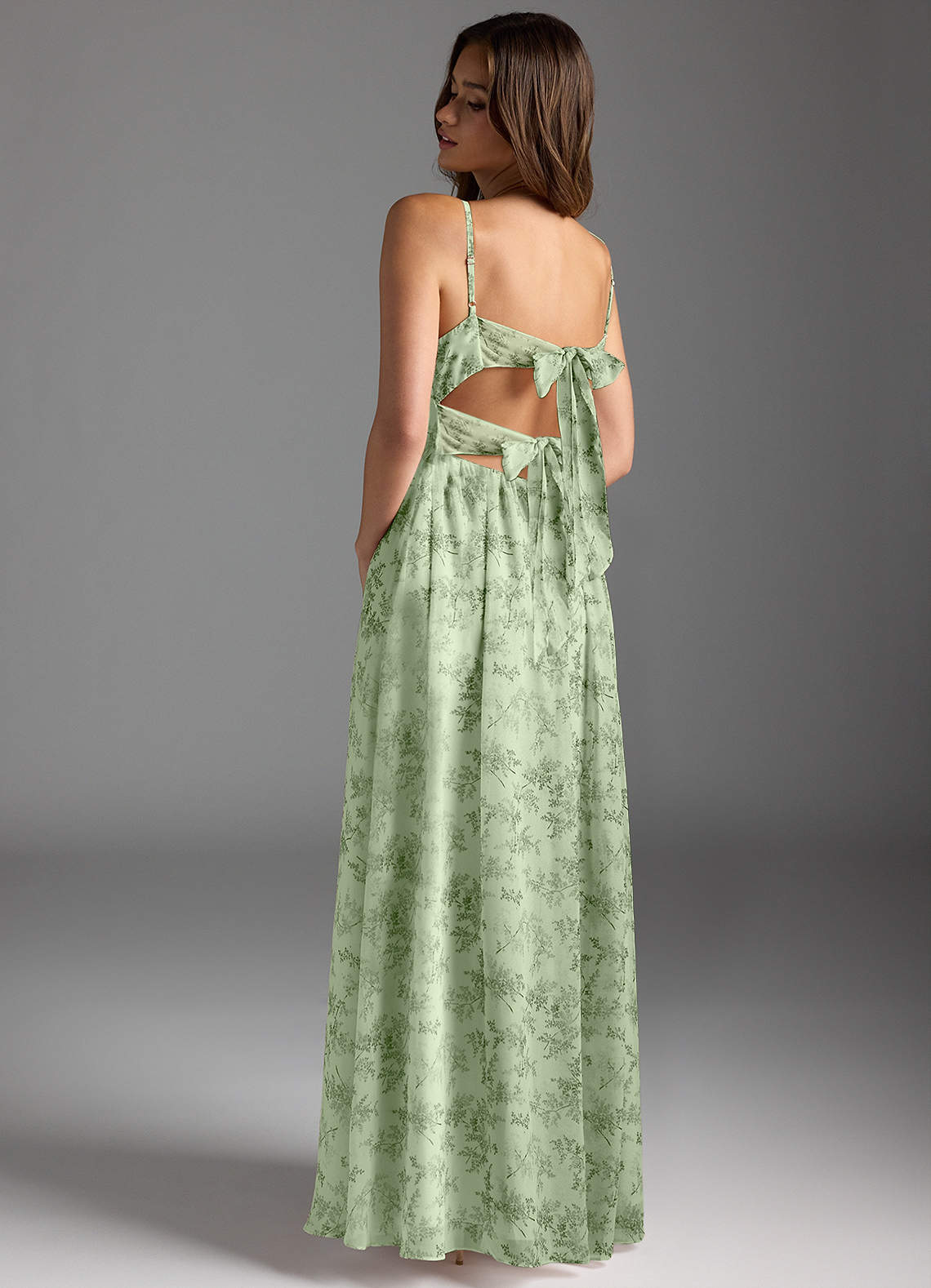 Azazie Zeya Bridesmaid Dresses Green Fern Floral A-Line V-Neck Pleated Chiffon Dress image3