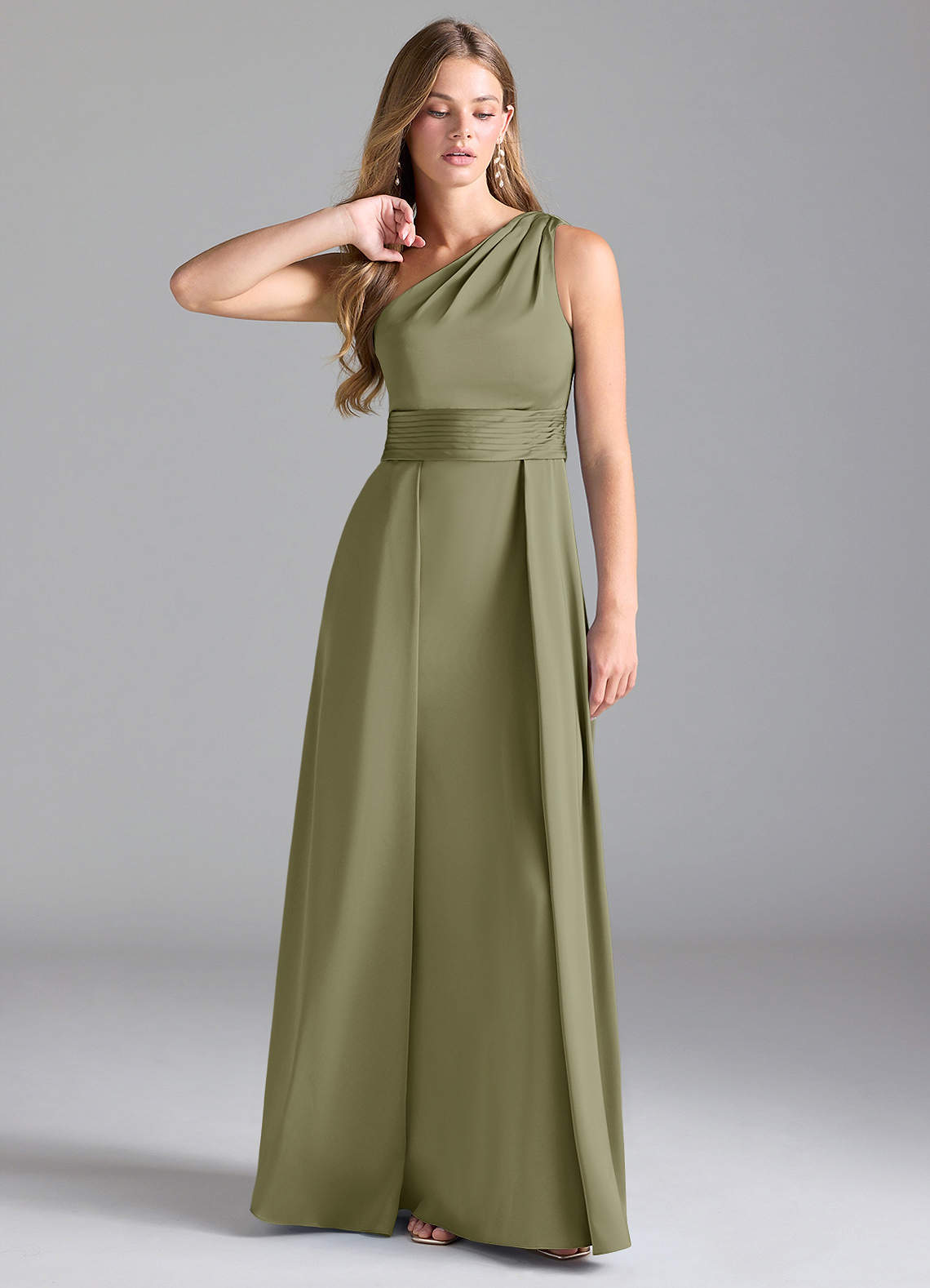 Azazie Dallas Bridesmaid Dresses Pistachio A-Line One Shoulder Stretch Satin Dress image1