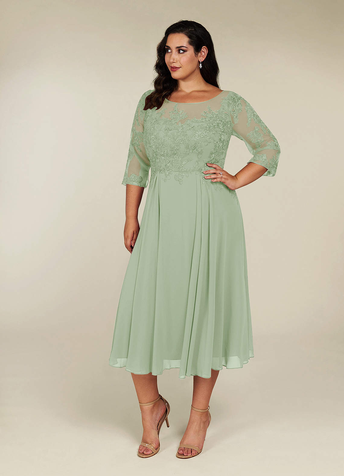 Lace 3/4 Sleeves Chiffon Tea-Length Dress Mint Green