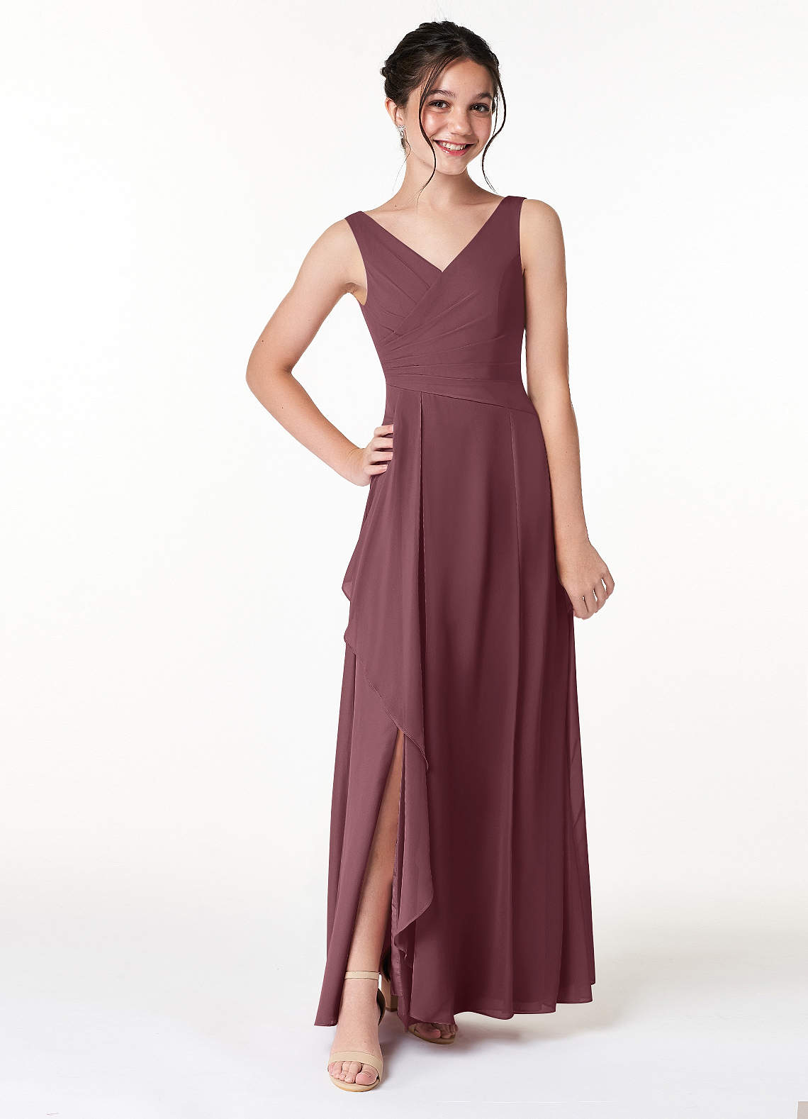 Surplice ruched best sale chiffon gown