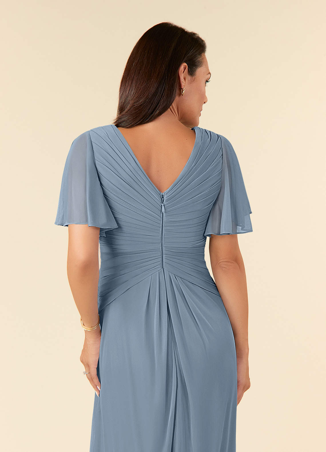 Azazie Emmeline Mother of the Bride Dresses Dusty Blue A-Line V-Neck Pleated Mesh Dress image5