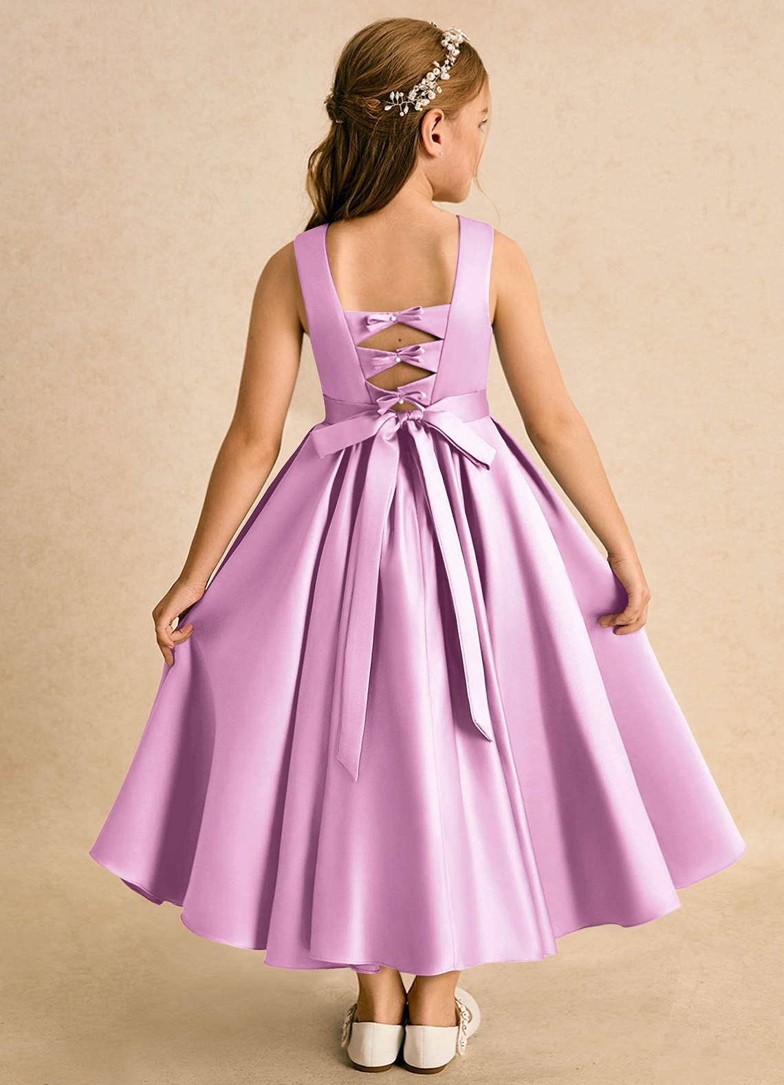 Azazie Junebuj vestidos de niña de las flores Vestido de Rosa Caramelo de Satin Mate de Princesa con Plisado image1
