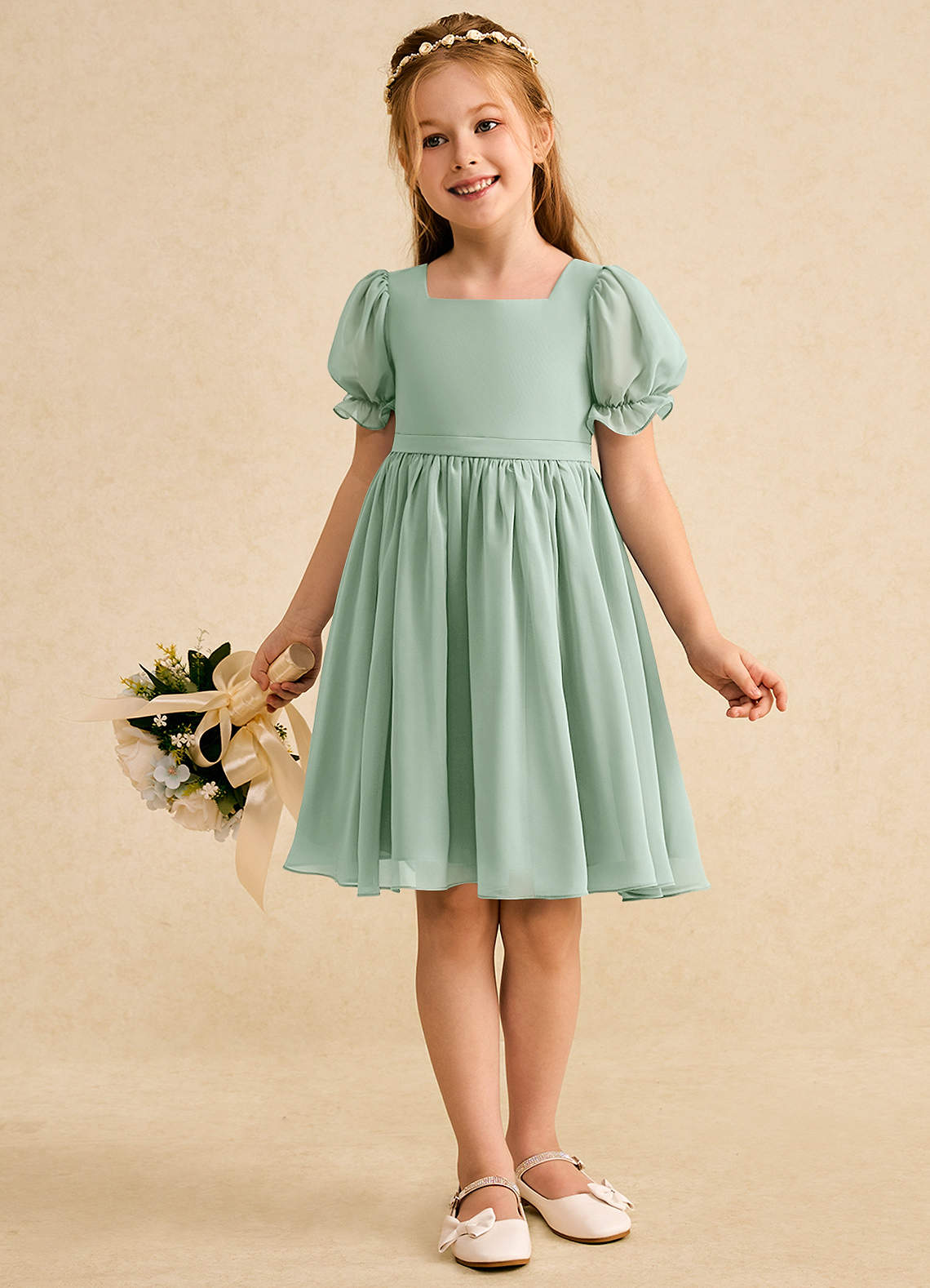 Azazie Jolie Blumenmädchenkleider A-Linie mit ärmel Chiffon Kleid Agave image3