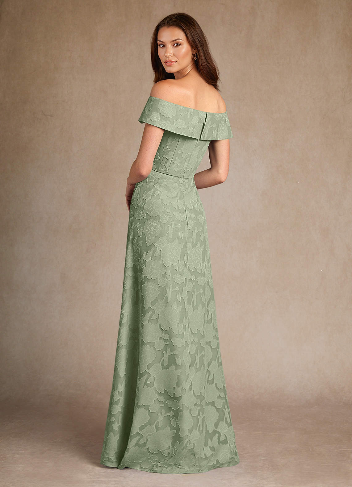 Azazie Medford Mother of the Bride Dresses Dusty Sage A-Line Off the Shoulder Floral Burnout Dress image2