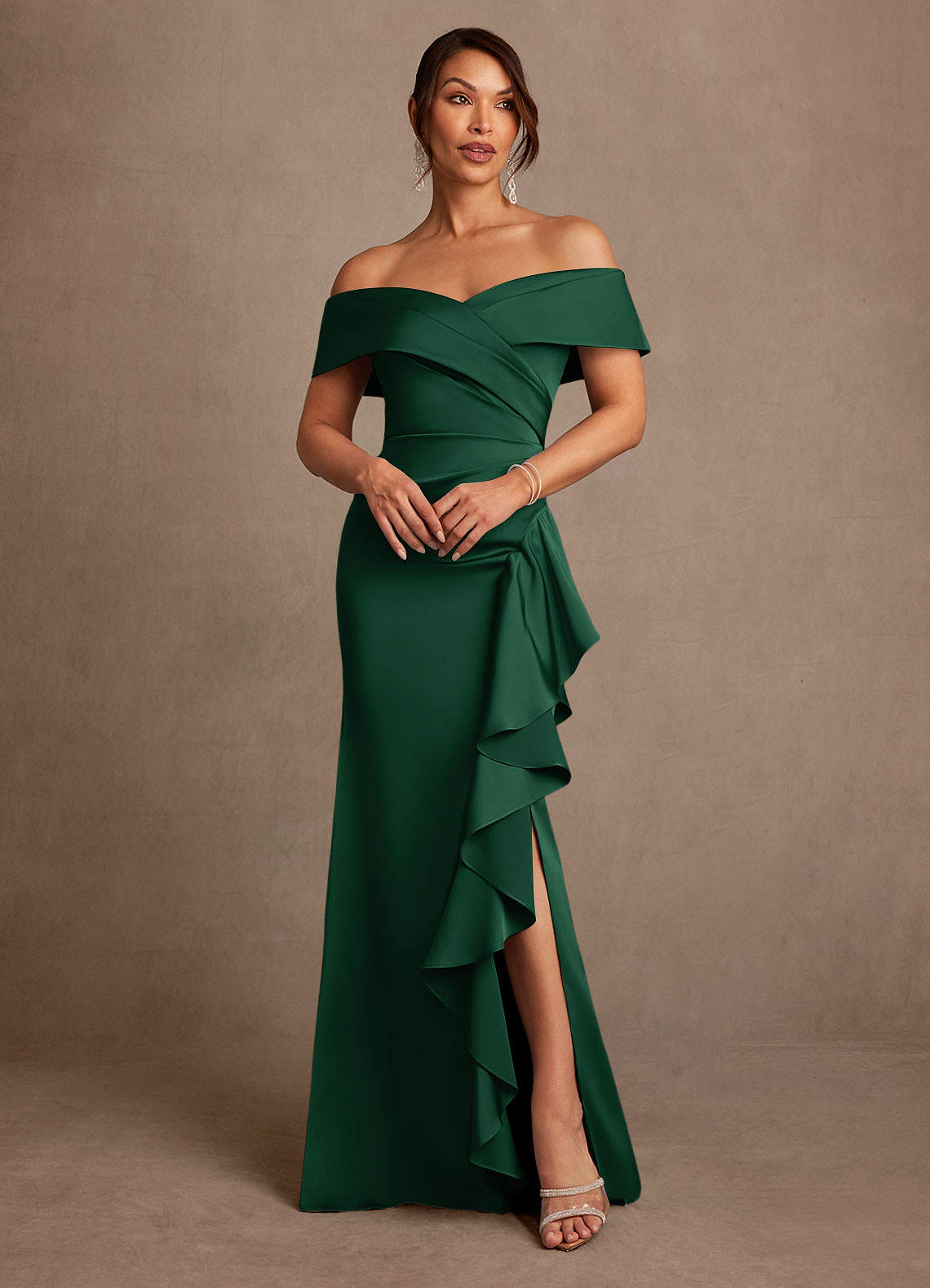 Azazie Kirsty Dark Green Sheath Off the Shoulder Stretch Satin