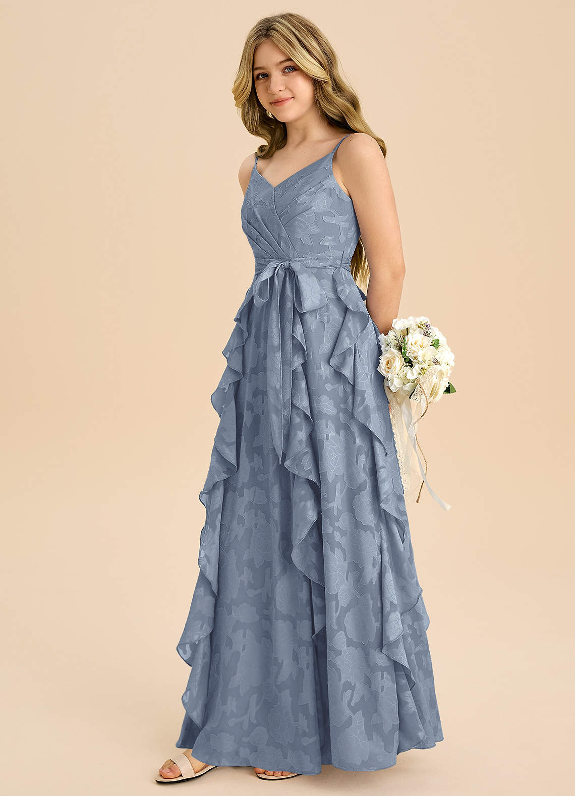 Azazie Peyton Junior Dusty Blue A-Line Pleated Floral Burnout Dress image4