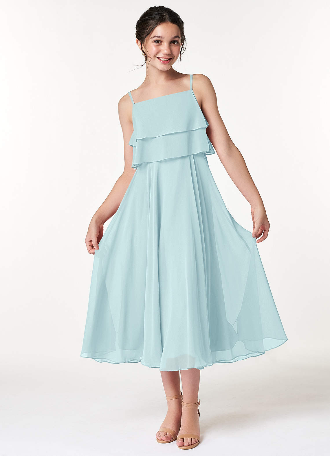 Azazie Ensley Junior Abito A-Line in Chiffon Plissettato Sea Glass image1