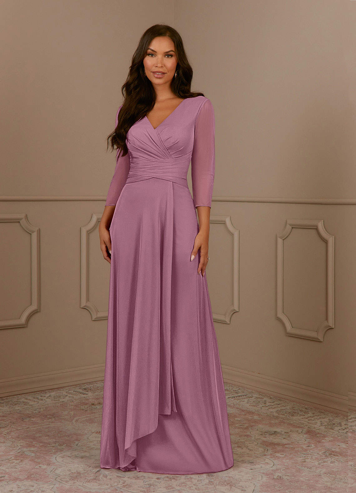 Azazie Annetta Mother of the Bride Dresses Vintage Mauve A-Line V-Neck Pleated Mesh Dress image1