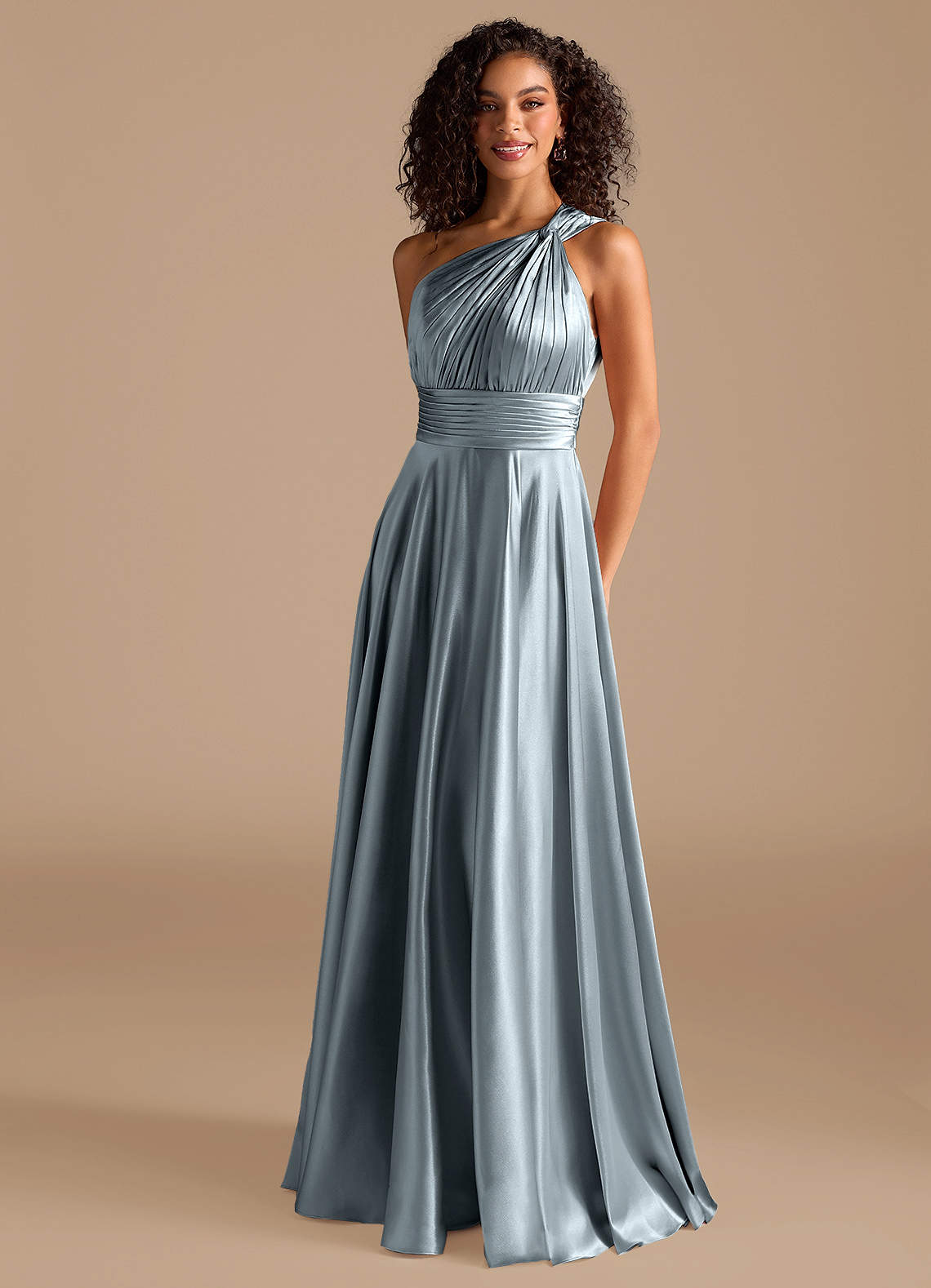 Azazie Charlize Bridesmaid Dresses Dusty Blue A-Line One Shoulder Metallic Satin Dress image1