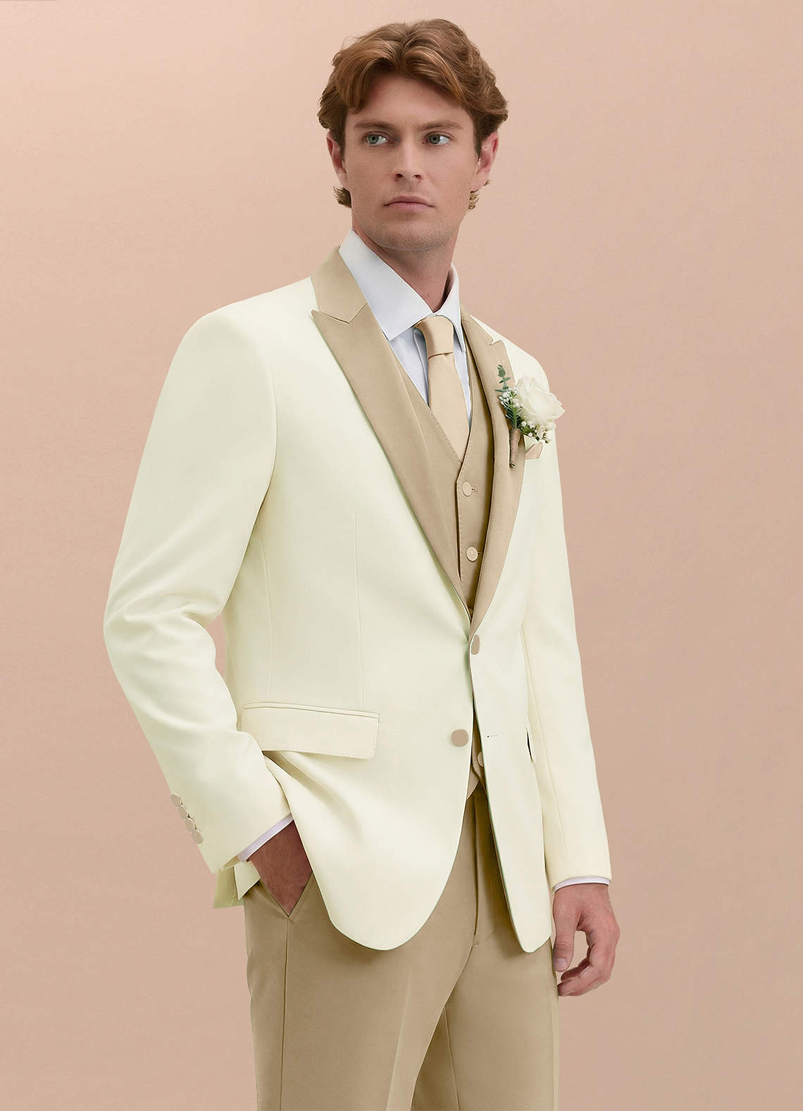 front Adrian Champagne Shawl Lapel Structured Stretch 3-piece Tuxedo Suit