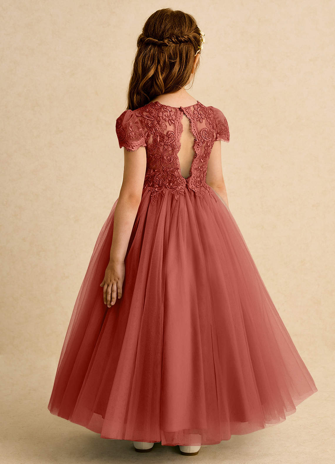 Azazie Puff Robe Demoiselle D'honneur Fillette Robe Princesse en Tulle Dentelle Terracotta image6