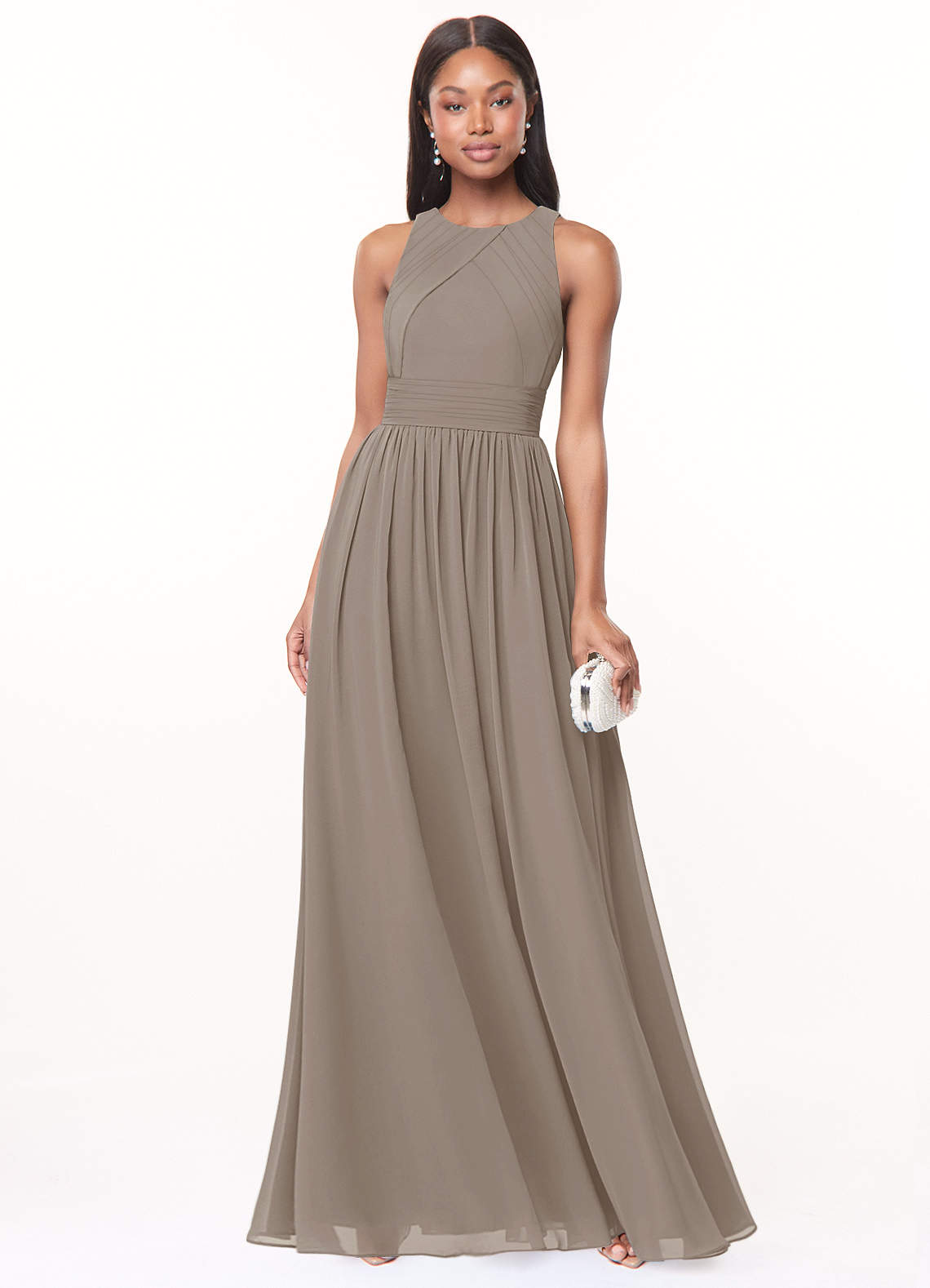 Azazie Harper Bridesmaid Dresses Taupe A-Line Pleated Chiffon Dress image1