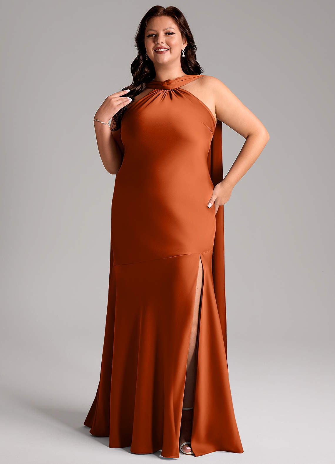 Azazie Kinsley Burnt Orange Stretch Satin Bridesmaid Dresses | Azazie