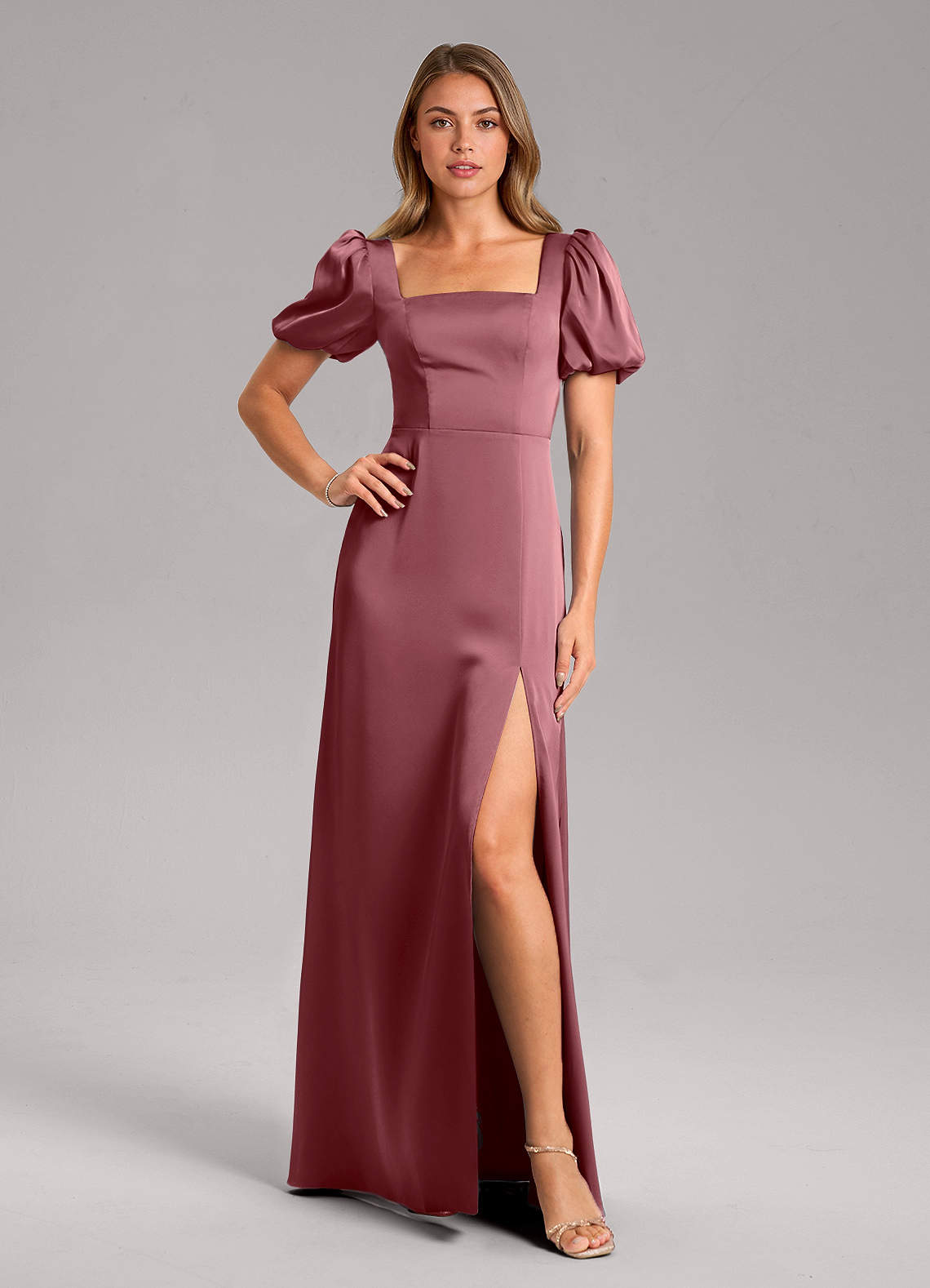 Azazie Fyona Bridesmaid Dresses Desert Rose A-Line Pleated Stretch Satin Dress image1
