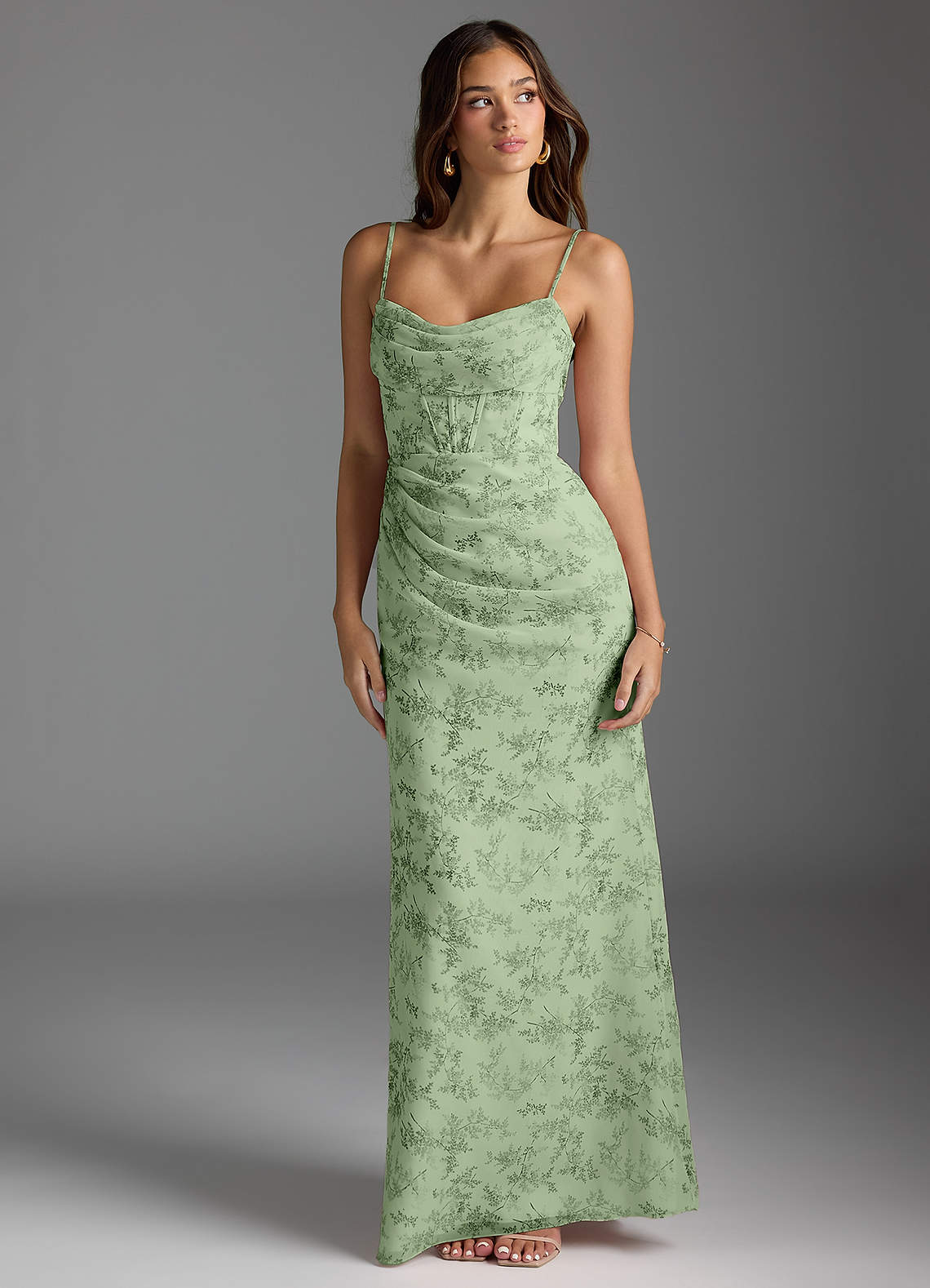 Azazie Mai Bridesmaid Dresses Green Fern Floral Sheath Pleated Chiffon Dress image3