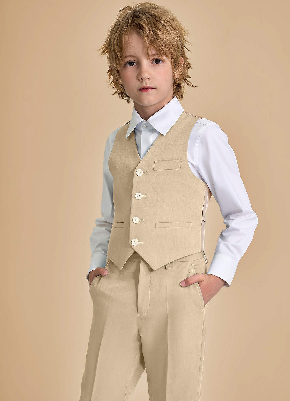 front Oliver Boys Tan 5-Piece Suit With Pre-tie