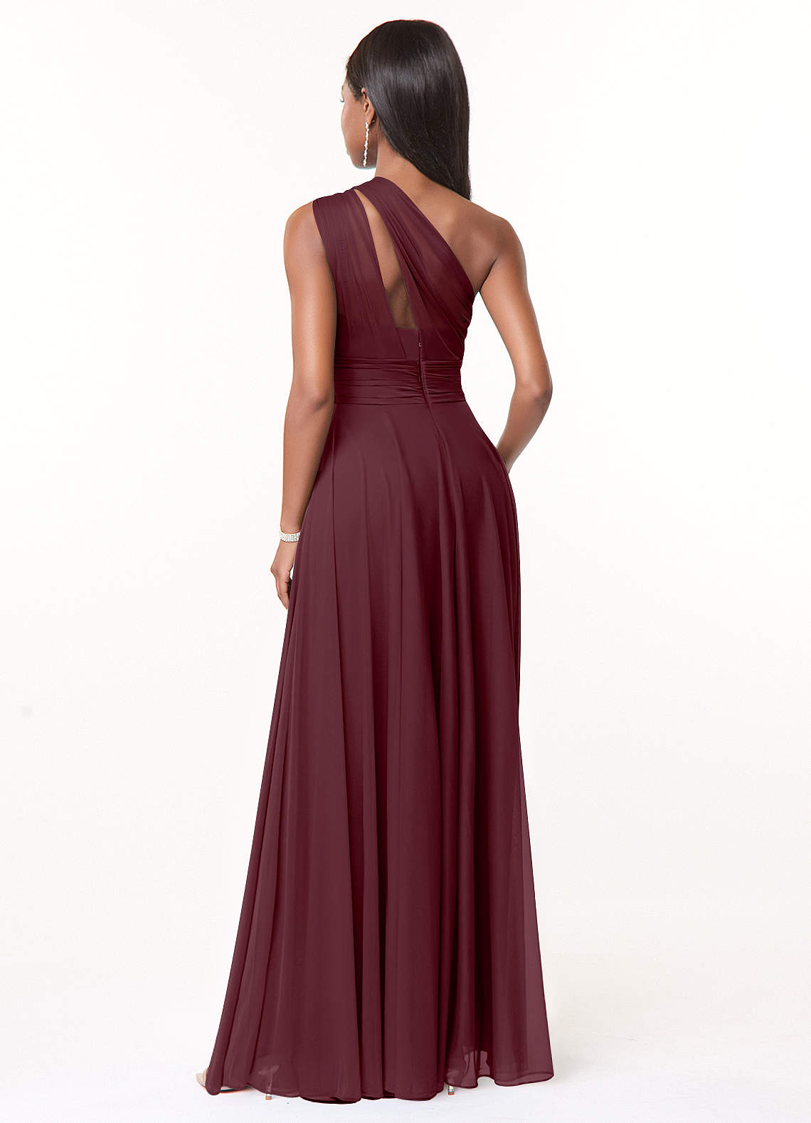 Azazie Charlize Vestidos de damas de honor Vestido de Cabernet de Malla de Corte en A con Hombro unilateral image1