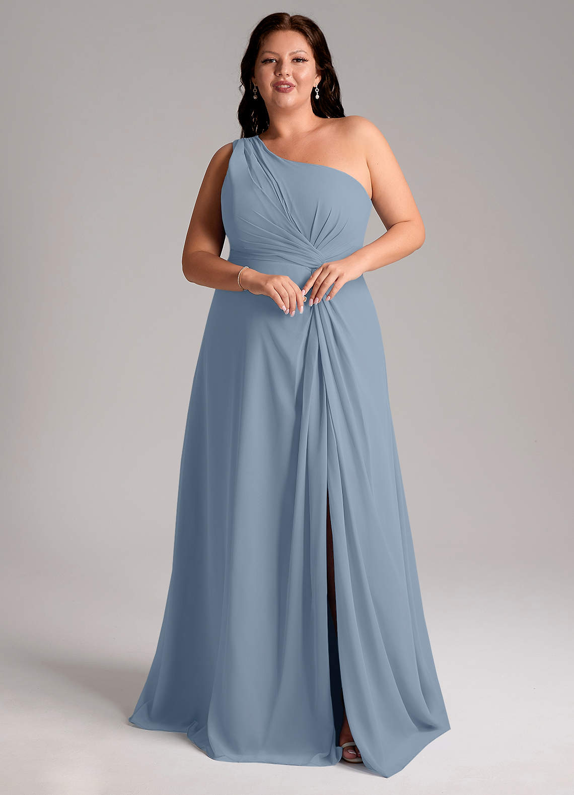 Azazie Brooke Bridesmaid Dresses Dusty Blue A-Line One Shoulder Chiffon Dress image10
