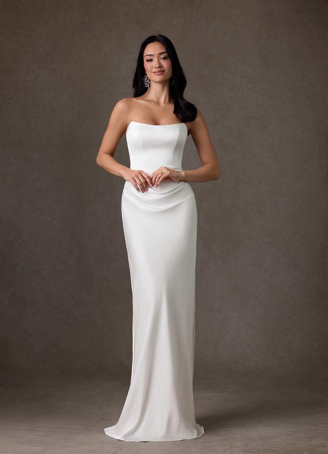 Azazie Samantha Wedding Dresses Diamond White Sheath Strapless Stretch Satin Dress image5
