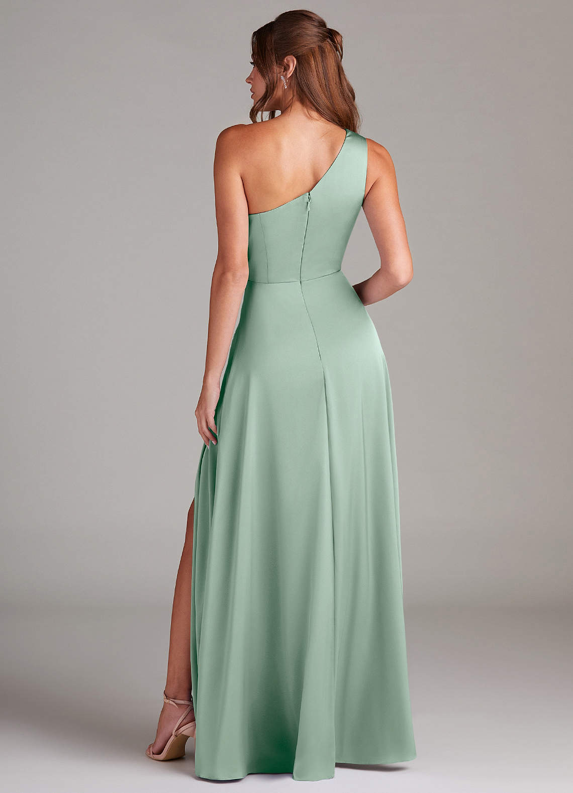 Azazie Brooke Bridesmaid Dresses Agave A-Line One Shoulder Stretch Satin Dress image6