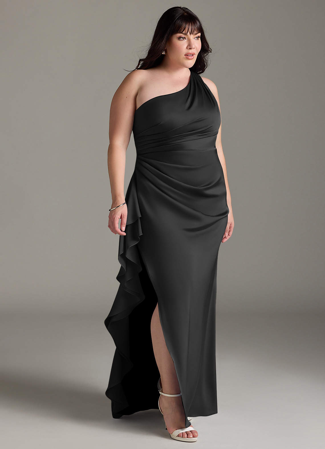 Azazie Latrice Black Stretch Satin Bridesmaid Dresses | Azazie