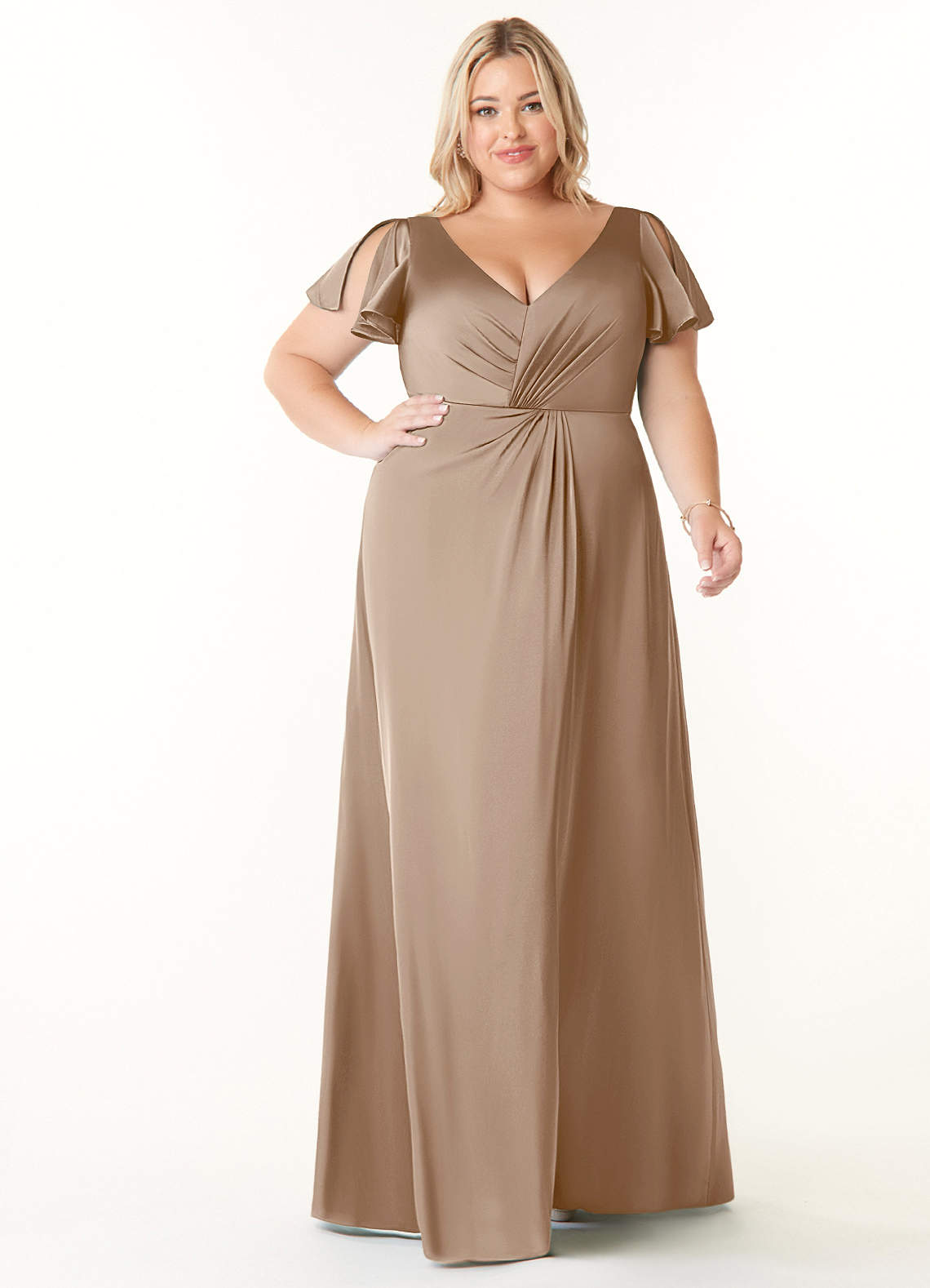 Azazie Soren Bridesmaid Dresses Taupe A-Line Pleated Stretch Satin Dress image1