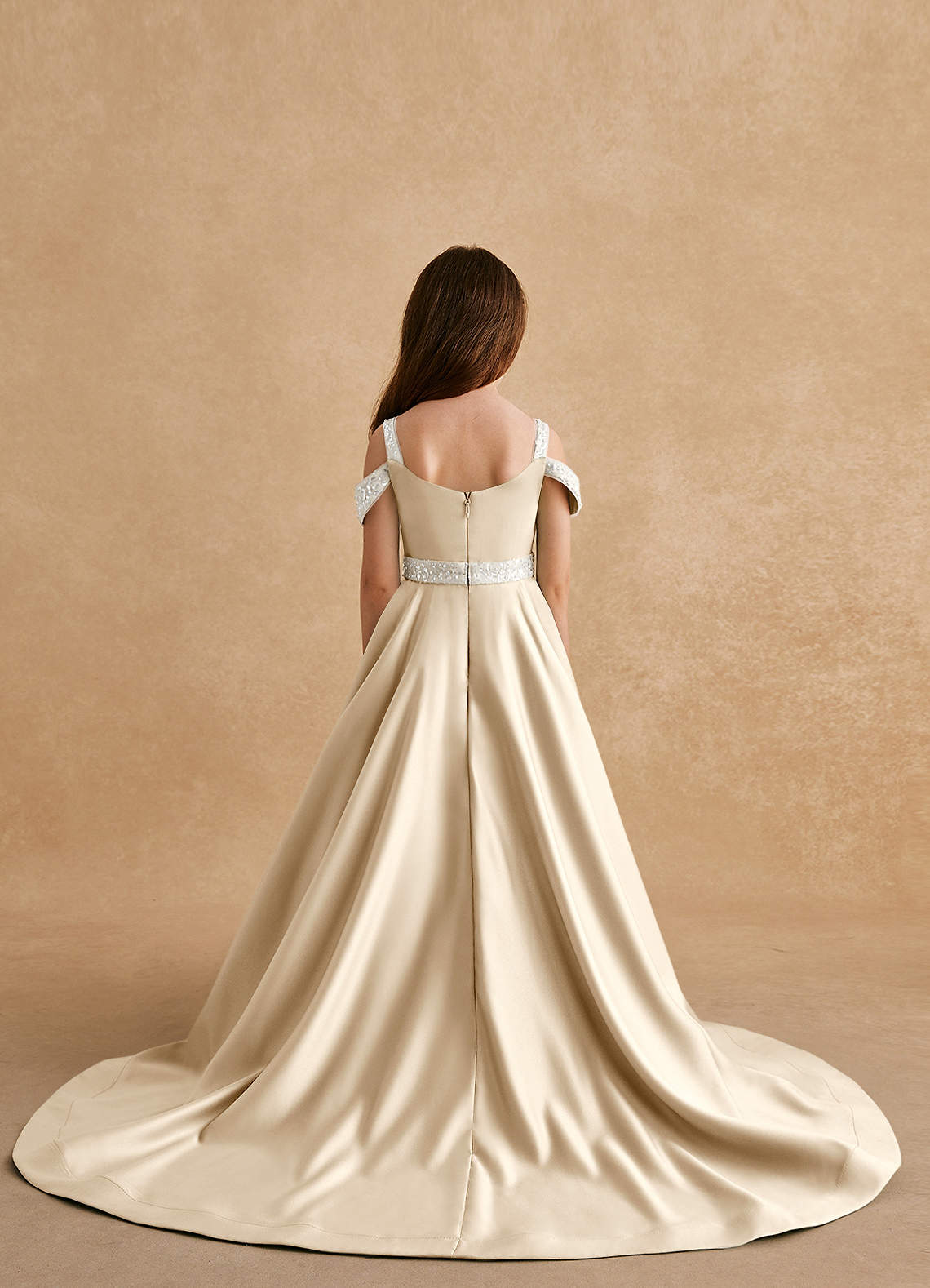 Azazie Jodi Champagne A-Line Matte Satin Dress | Azazie