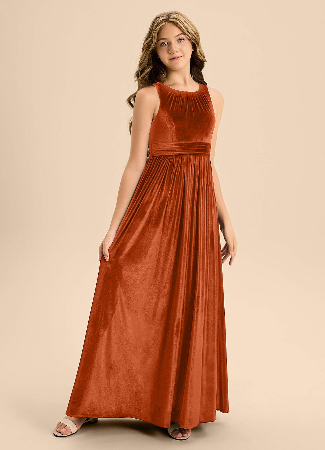 Azazie Jaylah Junior Burnt Orange A-Line Pleated Velvet Dress image1