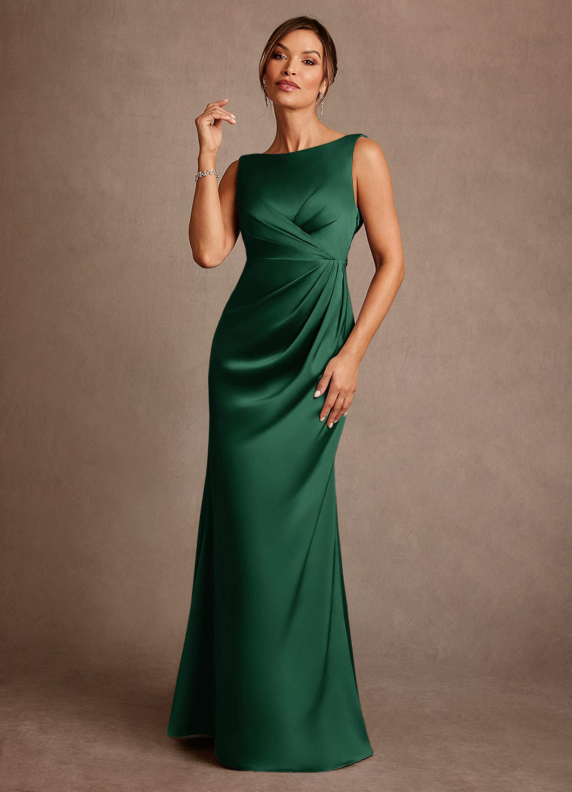 Azazie Baltimore Mother of the Bride Dresses Dark Green A-Line Pleated Stretch Satin Dress image1