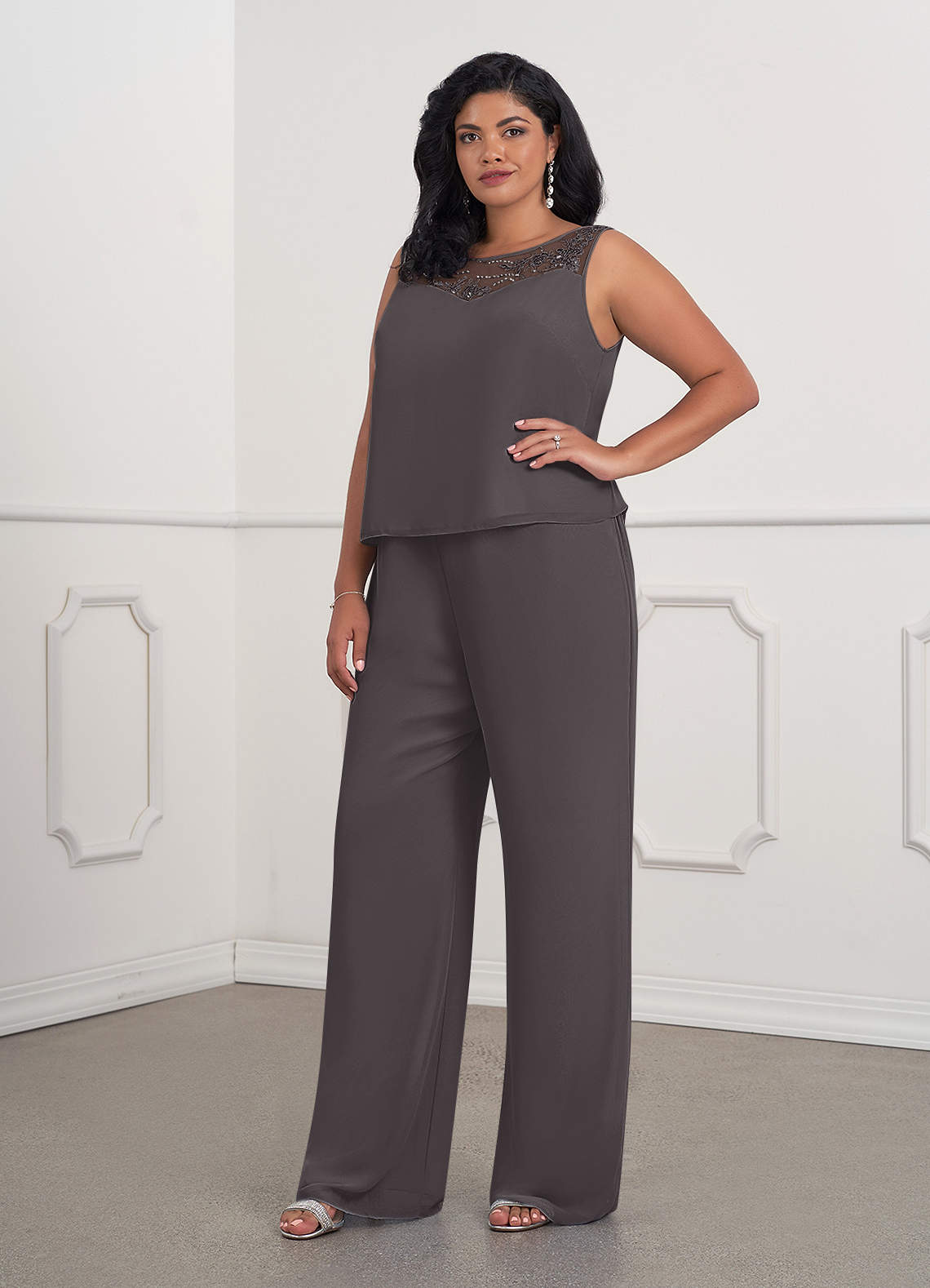 Azazie Maura Mother of the Bride Dresses Steel Grey Jumpsuit/Pantsuit Sequins Chiffon Dress image15
