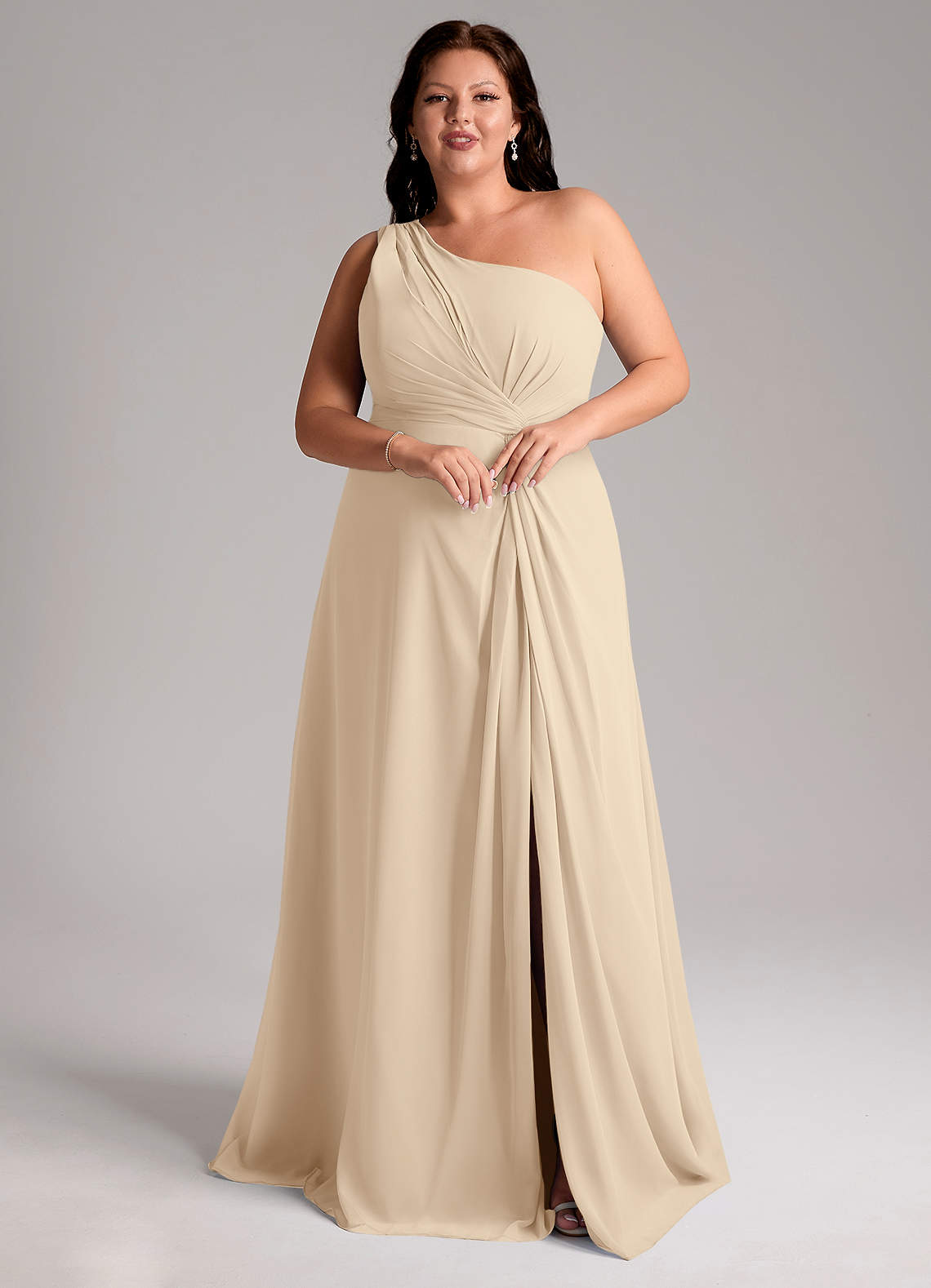 Azazie Brooke Bridesmaid Dresses Champagne A-Line One Shoulder Chiffon Dress image10