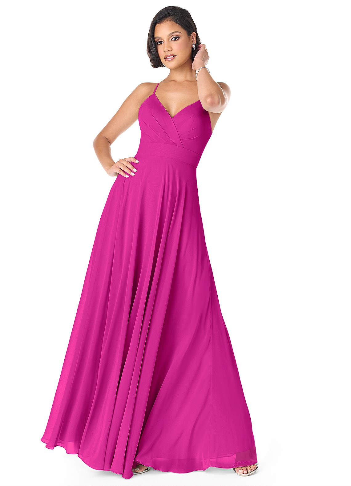 Azazie Avelina Bridesmaid Dresses Fuchsia A-Line V-Neck Pleated Chiffon Dress image1