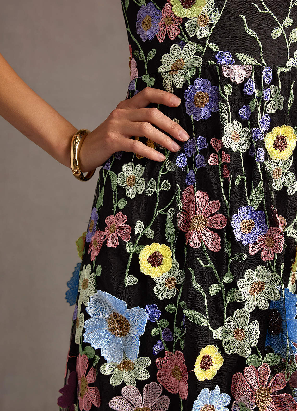 Nia Black and Multi Floral Midi Dress | Azazie