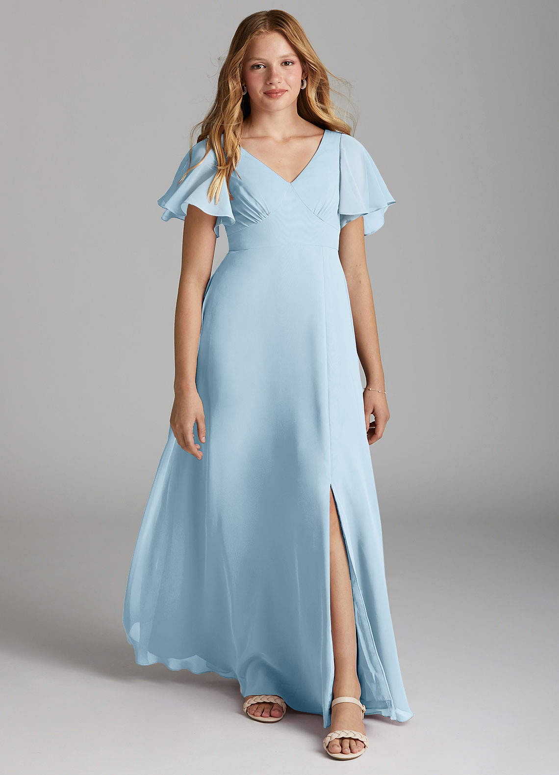 Azazie Kimber Junior Vestido de Azul Cielo de Gasa de Corte En A con Plisado image1