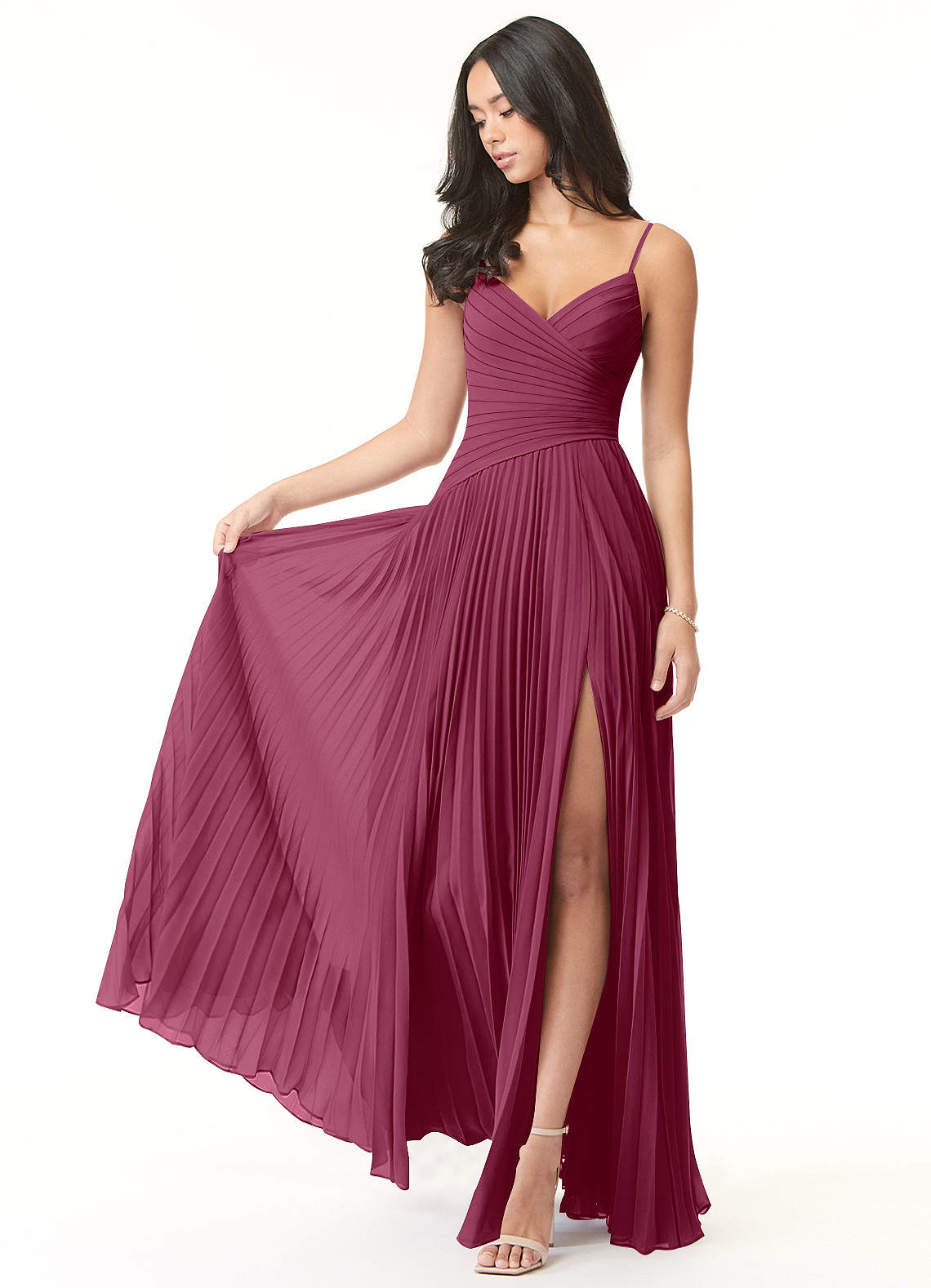 Azazie Vini Bridesmaid Dresses Mulberry A-Line V-Neck Pleated Chiffon Dress image1