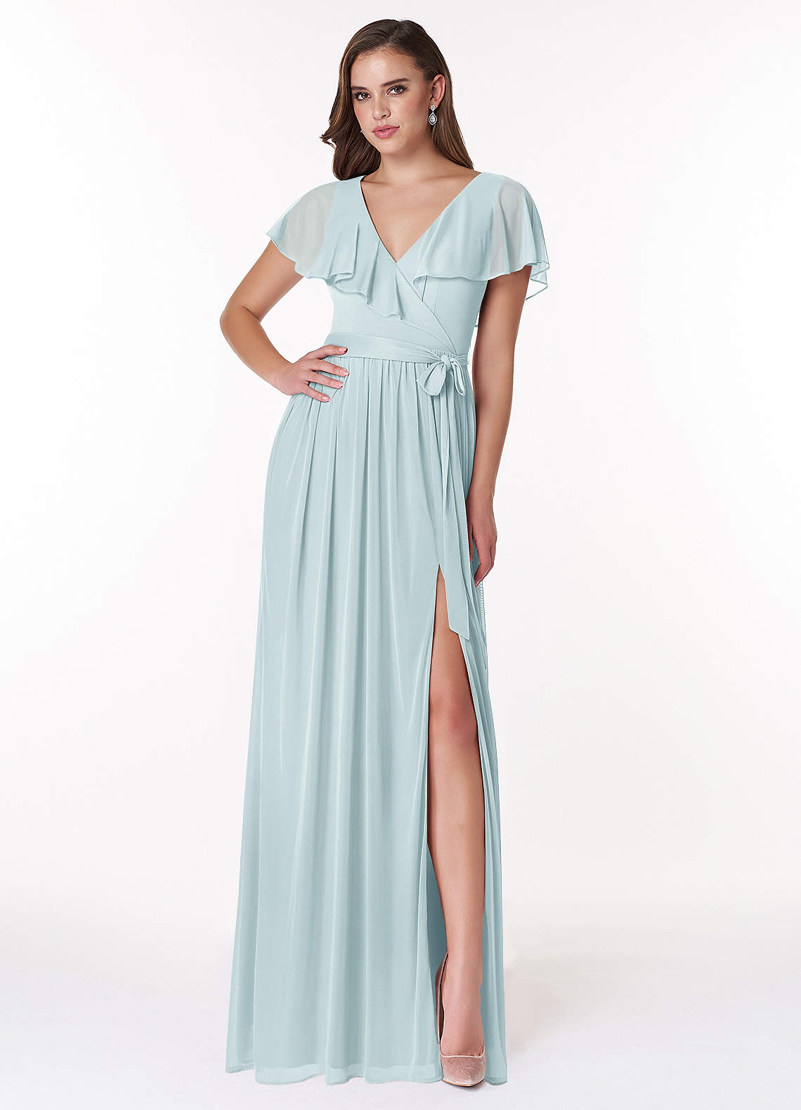 Azazie Jael Bridesmaid Dresses Mist A-Line V-Neck Mesh Dress image1