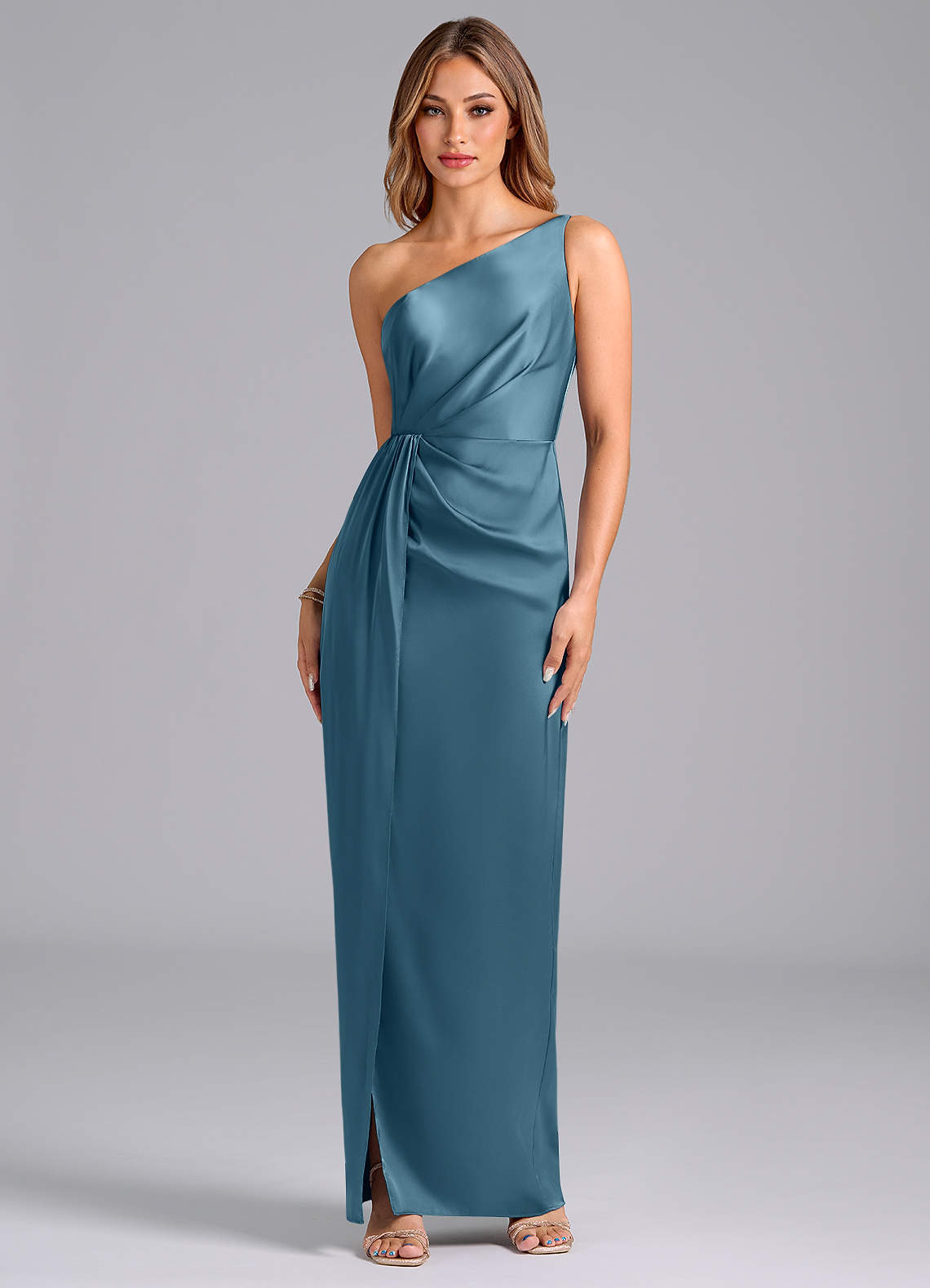Azazie Naria Brautjungfernkleider Etui One-Shoulder Stretch-Satin Kleid Bermudablau image1