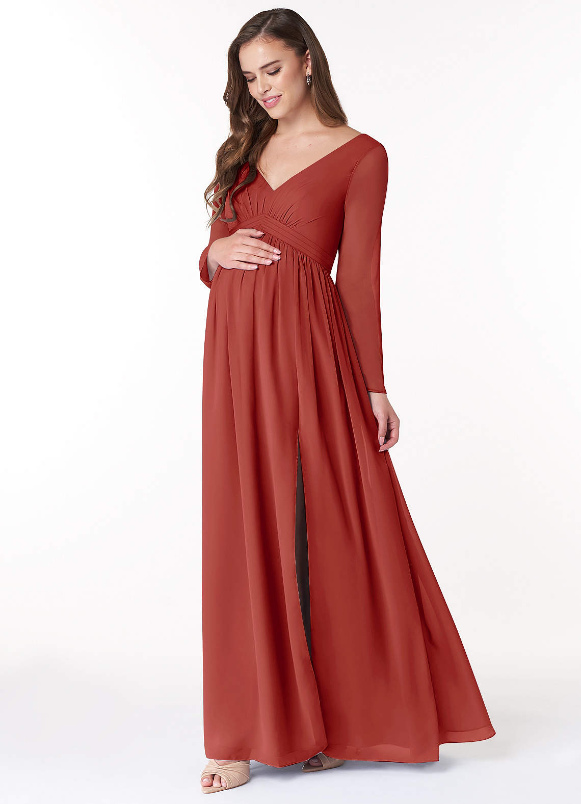 Azazie Teton At-home Try On Dresses A-Line Long Sleeve Chiffon Floor-Length Dress image2